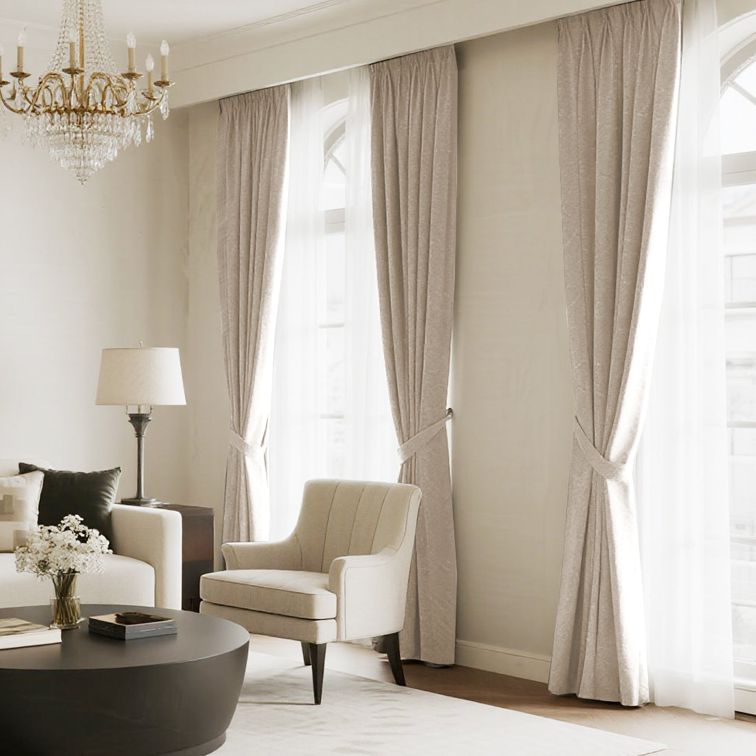 Aurevia Grid-Weave Linen Curtain Drapery Pleated