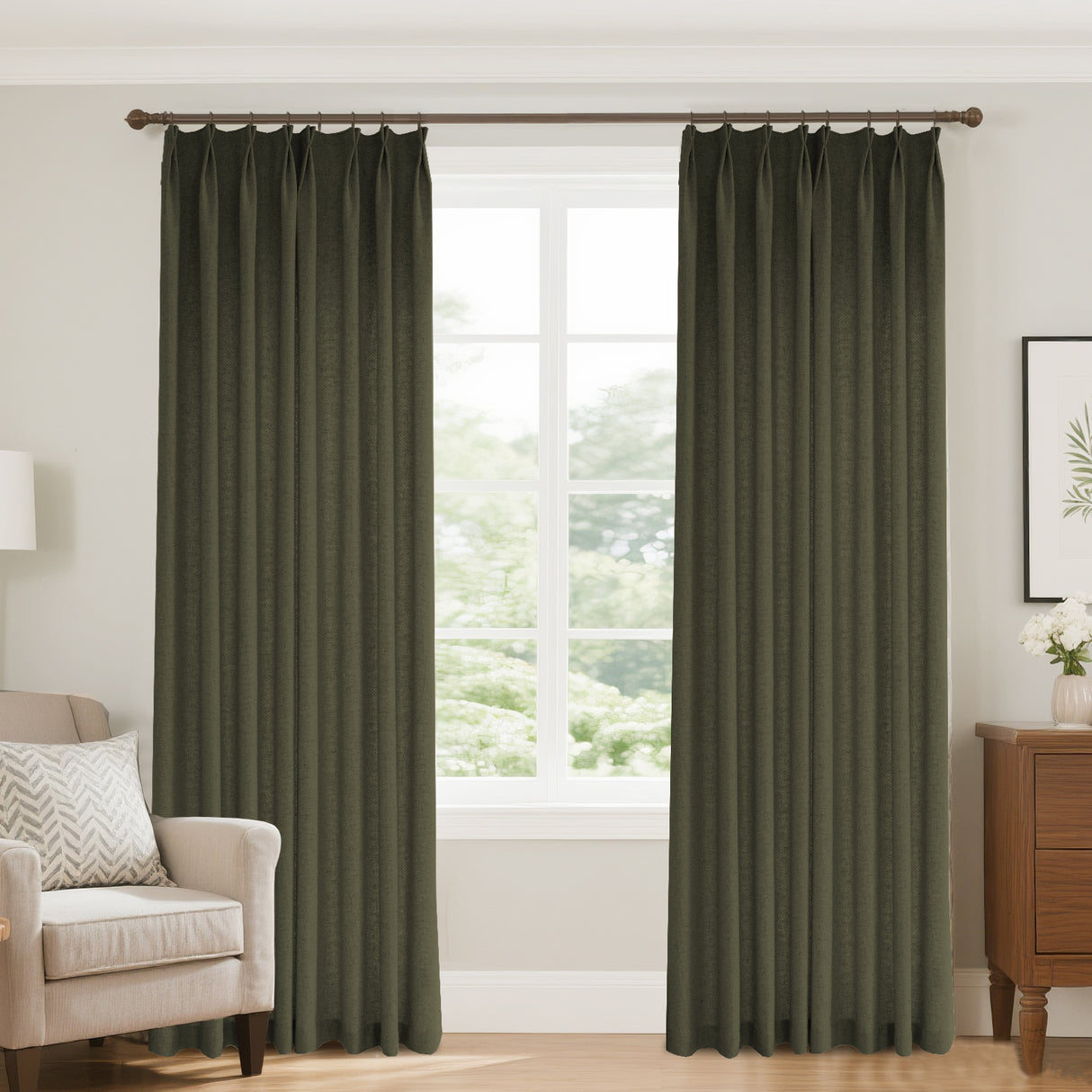 Aurevia Grid-Weave Linen Curtain Drapery Pleated