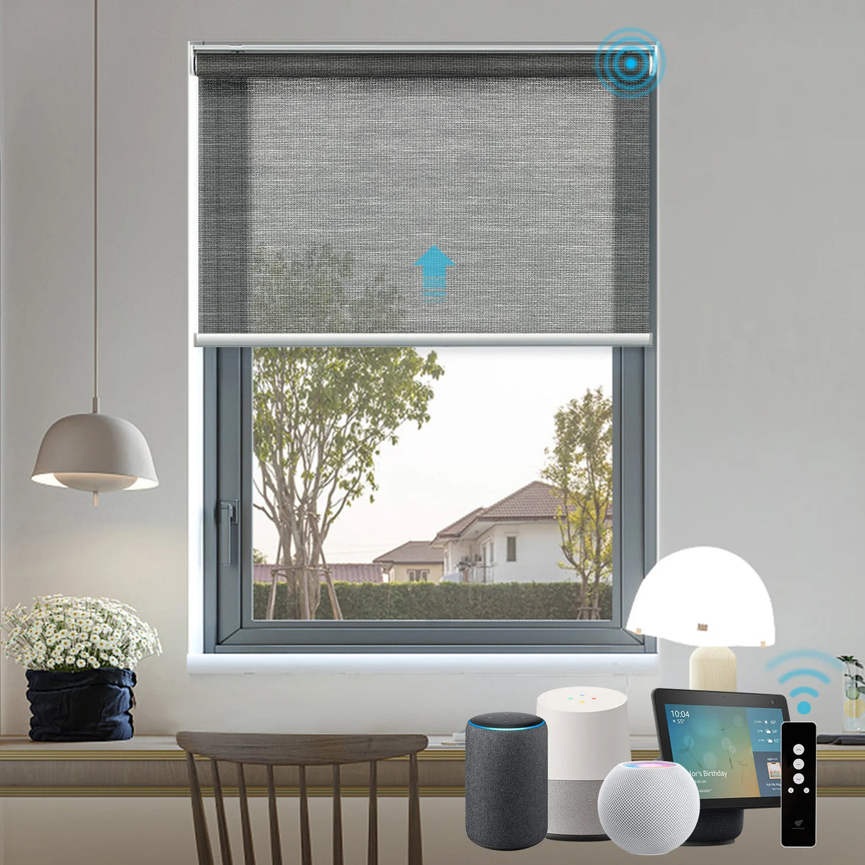 Motorized Light Filtering Roller Shades 50% Blackout PVC Free Sunscreen