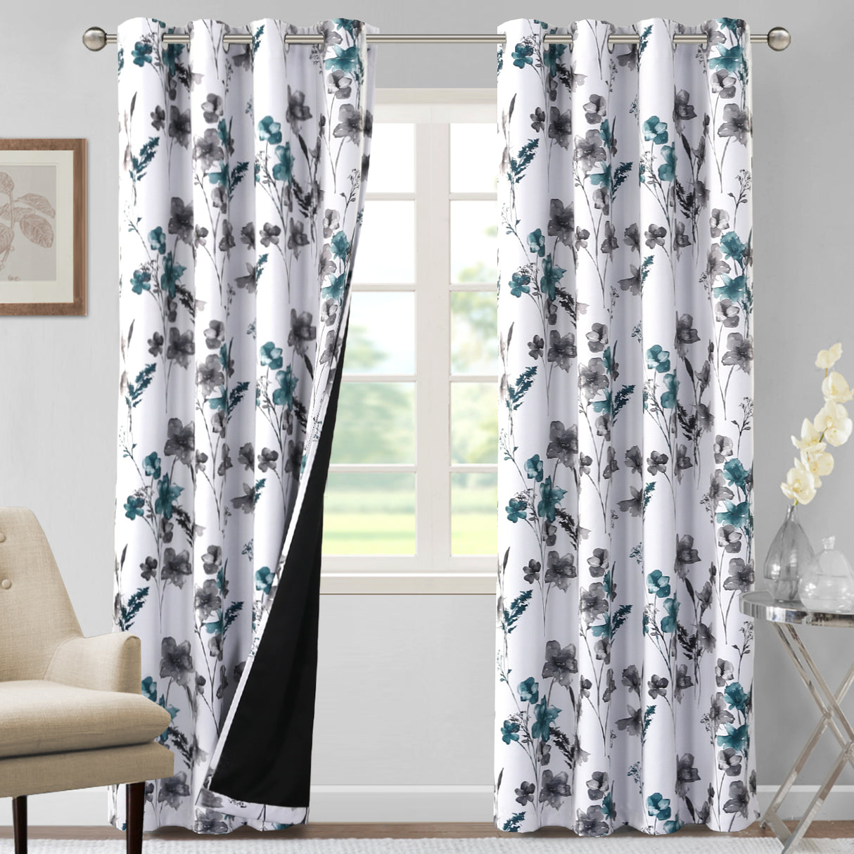 Black Back Printed Floral Curtain