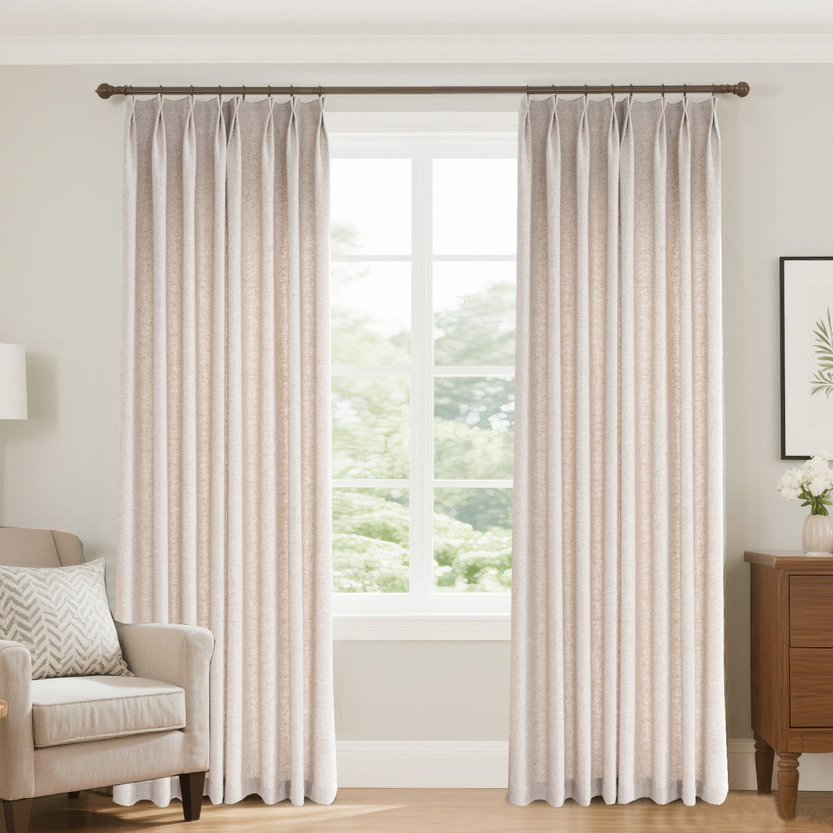 Aurevia Grid-Weave Linen Curtain Drapery Pleated