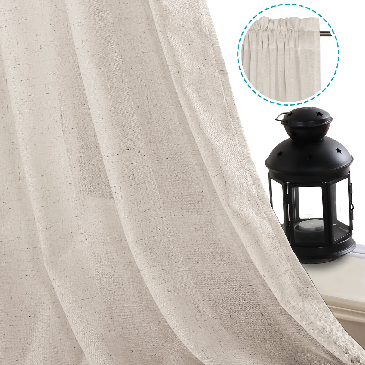 H.VERSAILTEX Linen Sheer Curtains 2 Panel Sets 96 Inch Length- Semi Transparent Privacy Sheer Vertical Curtains & Drapes for Sliding Glass Doors, Angora, 52 x 96 Inch