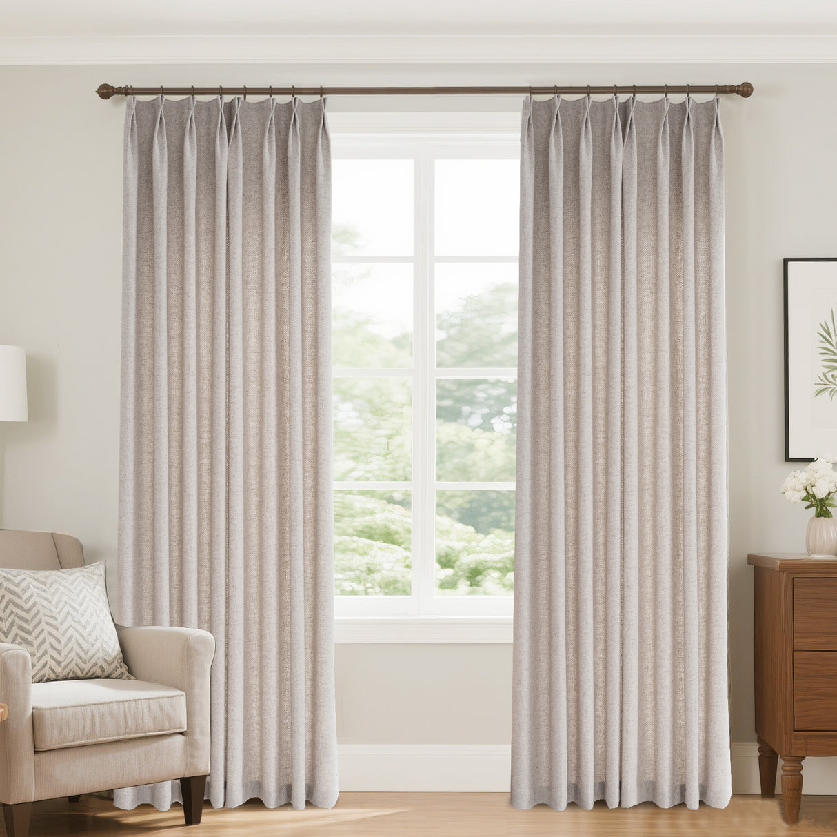 Aurevia Grid-Weave Linen Curtain Drapery Pleated