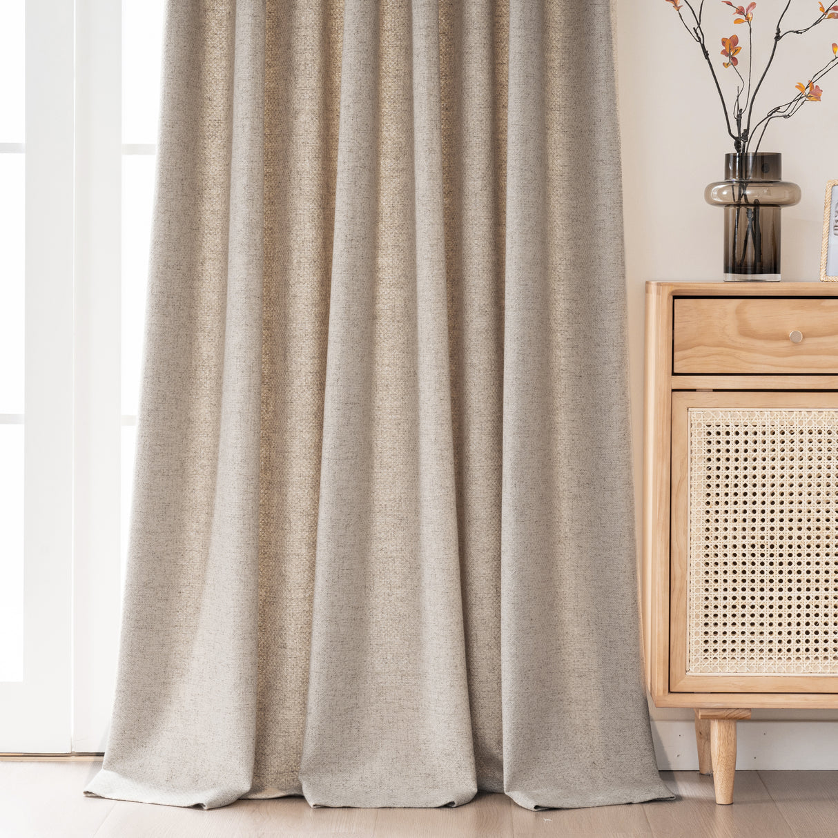 Aurevia Grid-Weave Linen Curtain Drapery Pleated