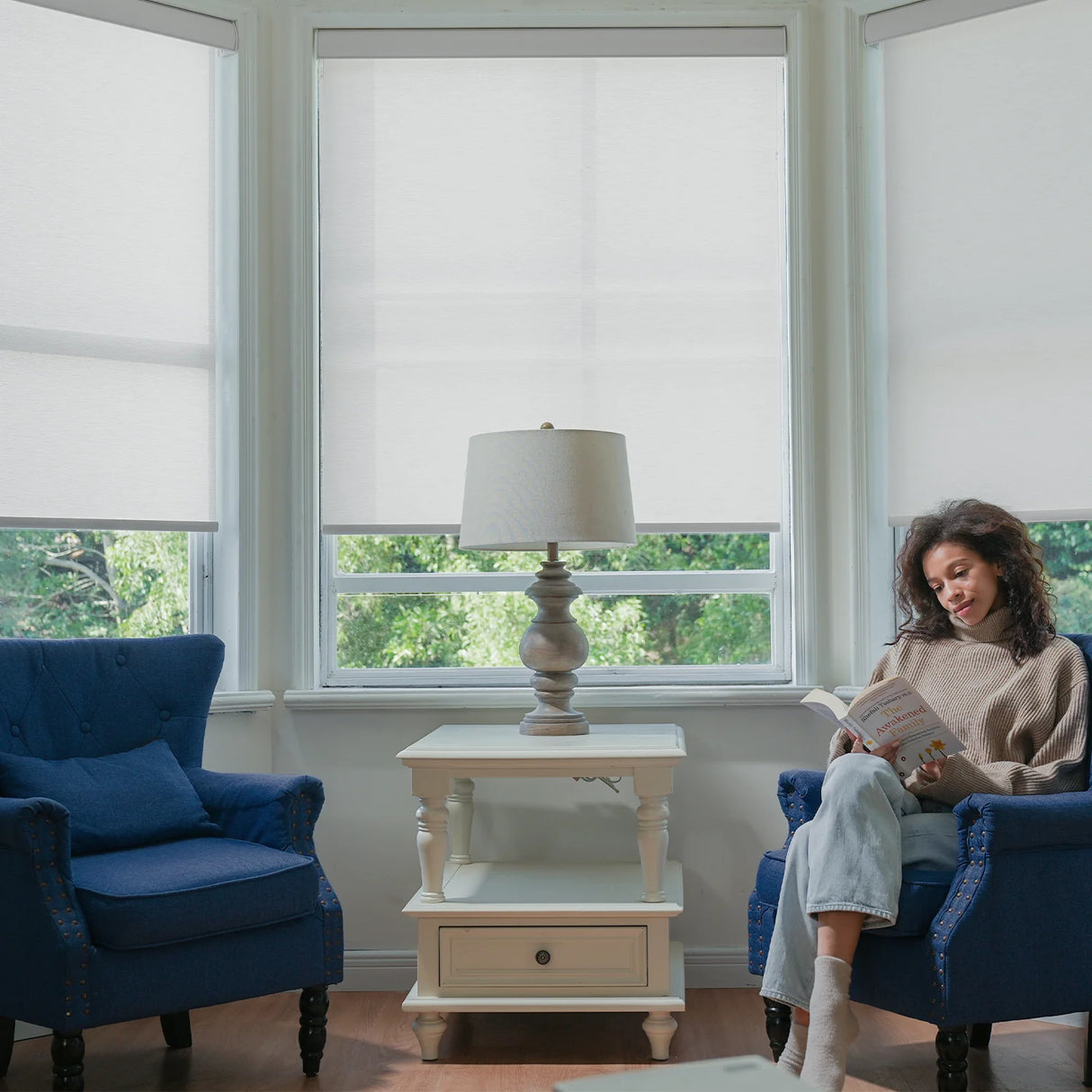 Motorized Light Filtering Roller Shades 70% Blackout Safari