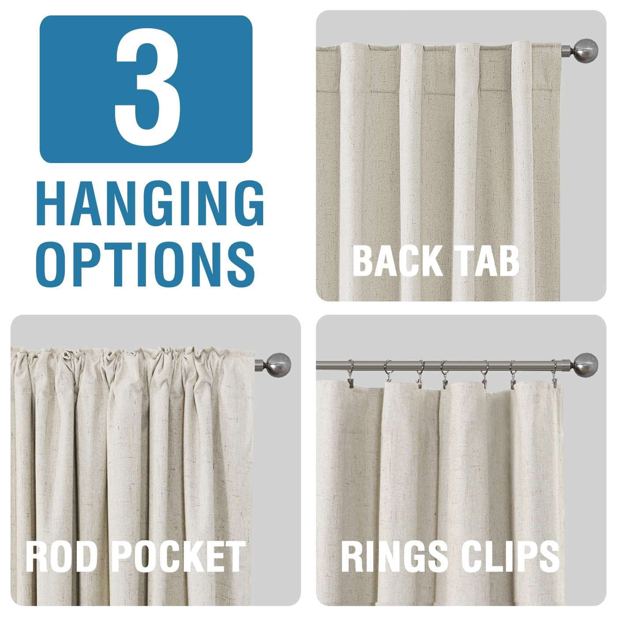 H.VERSAILTEX Contemporary Faux Linen 100% Blackout Back Tab/Rod Pocket/Hook Belt Thermal Insulated Curtain Sets for Bedroom, 2 Panels, 52"x 63", Beige