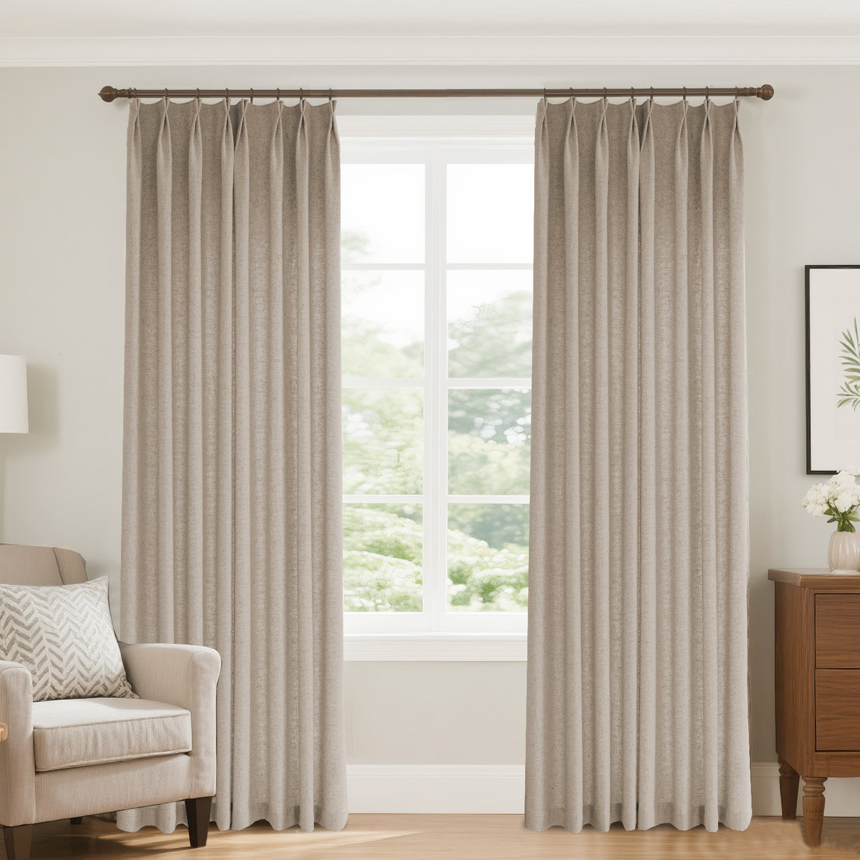 Aurevia Grid-Weave Linen Curtain Drapery Pleated