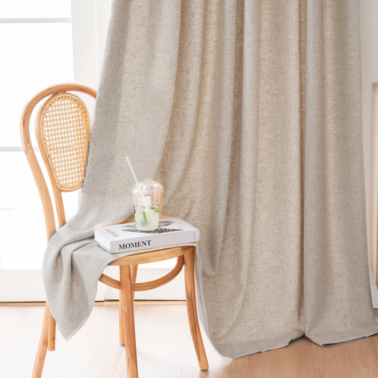 Aurevia Grid-Weave Linen Curtain Drapery Pleated