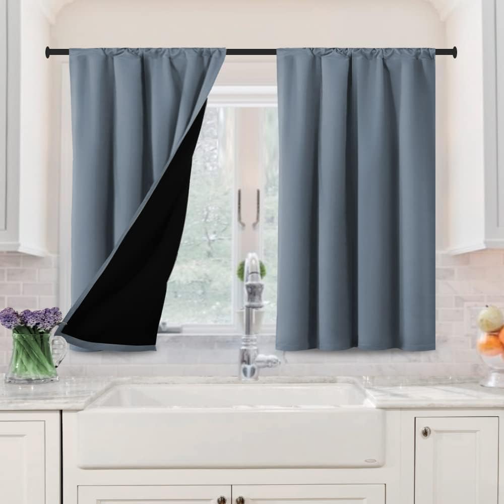 H.VERSAILTEX 100% Blackout Short Curtains for Bedroom Kitchen Privacy Energy Saving Curtain Tiers Set of 2