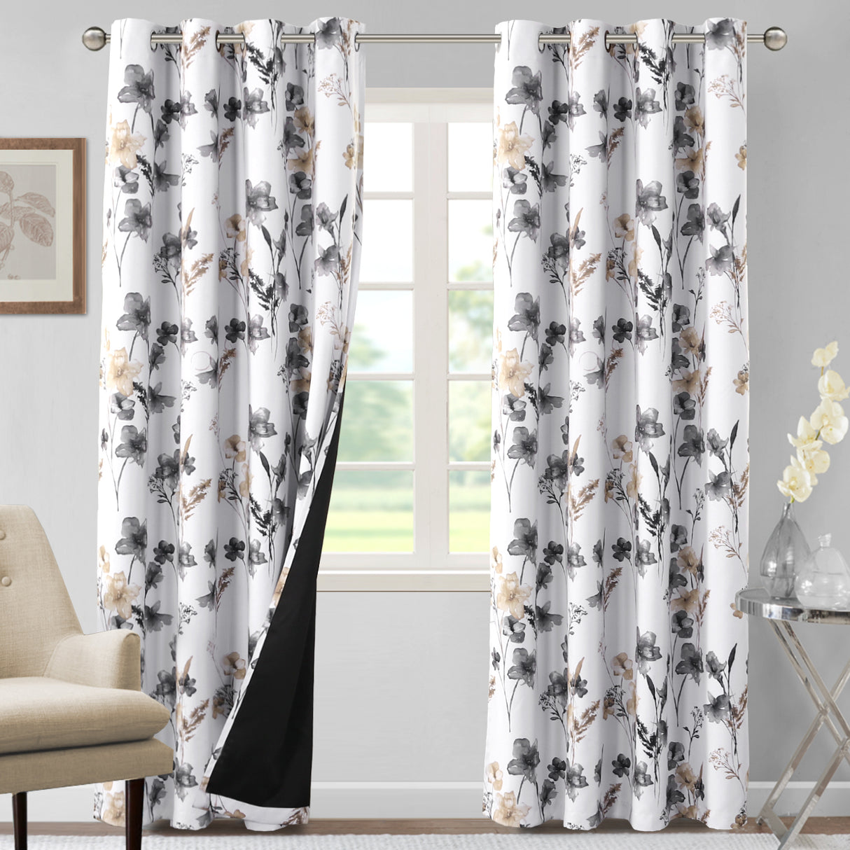 Black Back Printed Floral Curtain