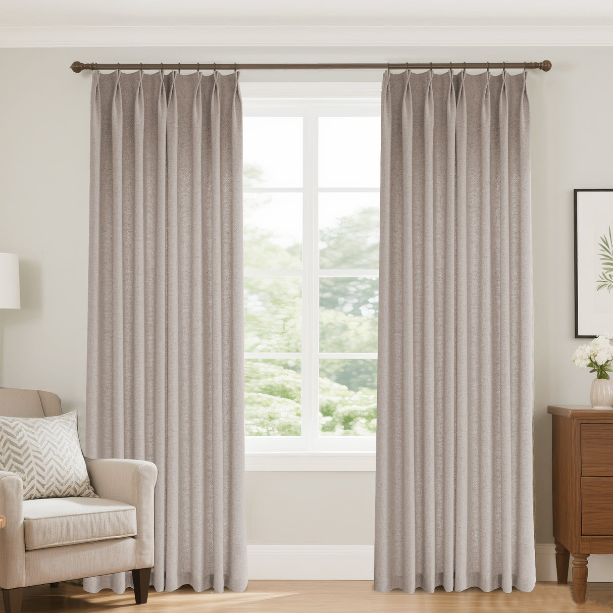 Aurevia Grid-Weave Linen Curtain Drapery Pleated