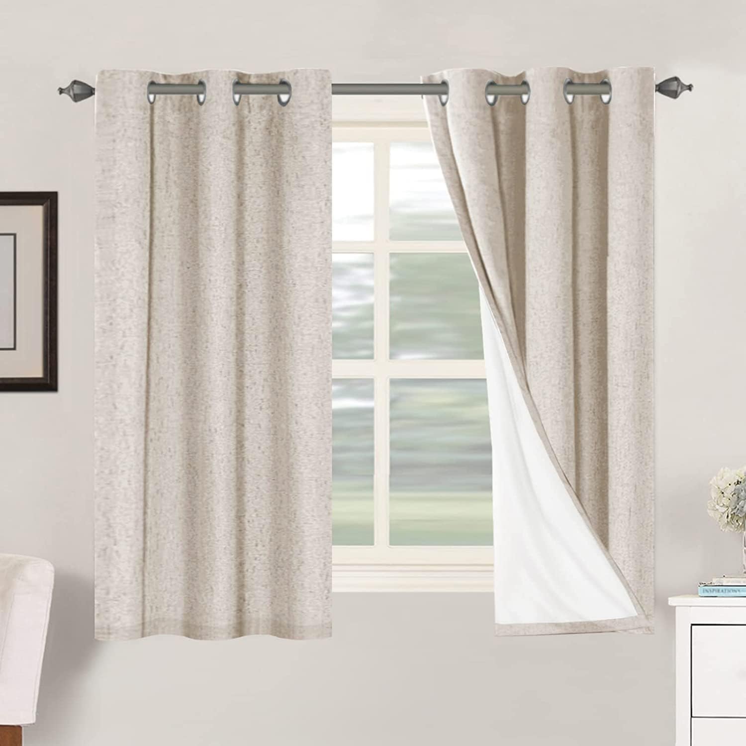 Linen Blackout Thermal Insulated  White Liner Grommet Top Curtains