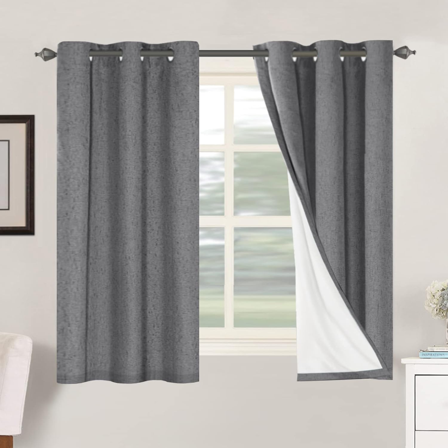 Linen Blackout Thermal Insulated  White Liner Grommet Top Curtains