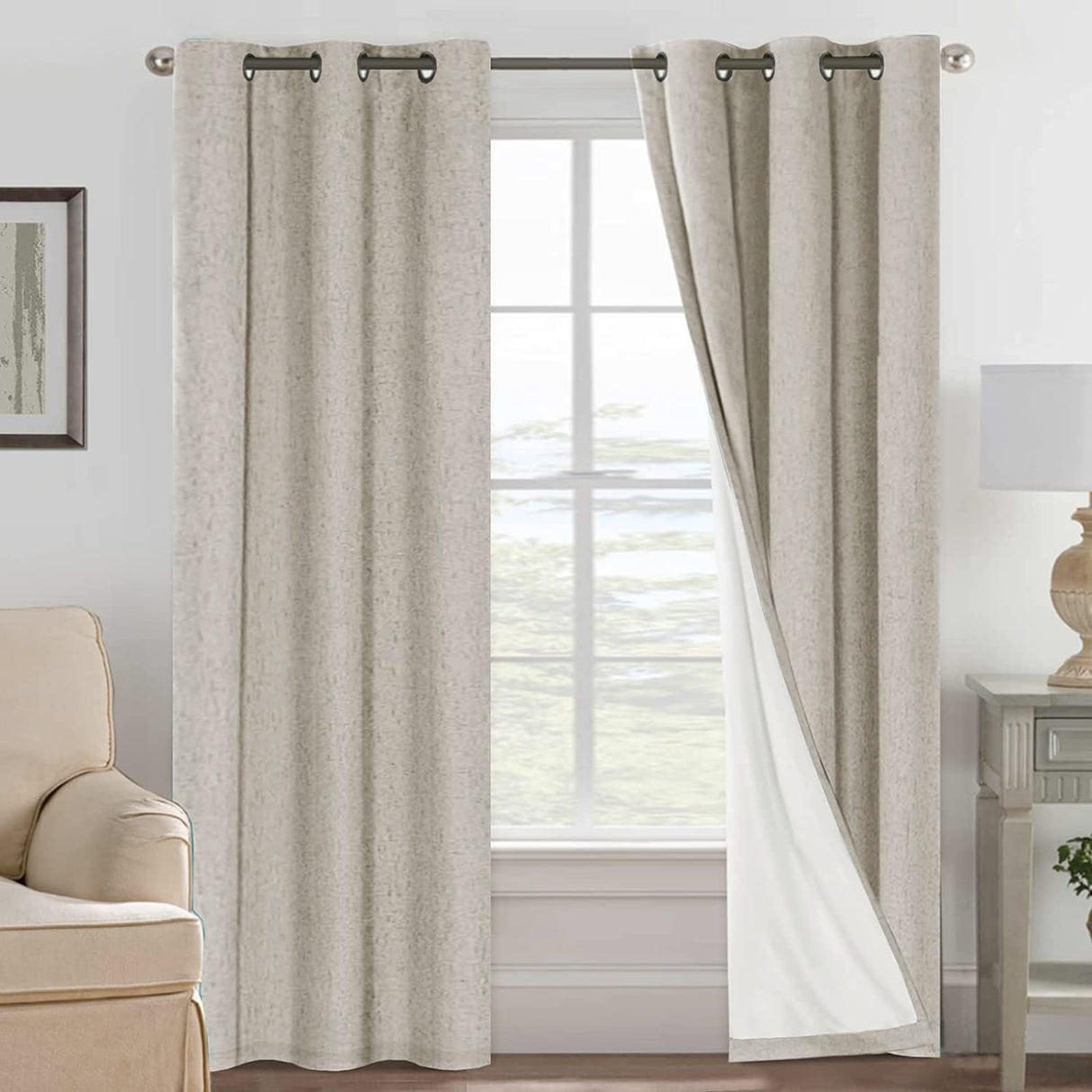 Linen Blackout Thermal Insulated  White Liner Grommet Top Curtains