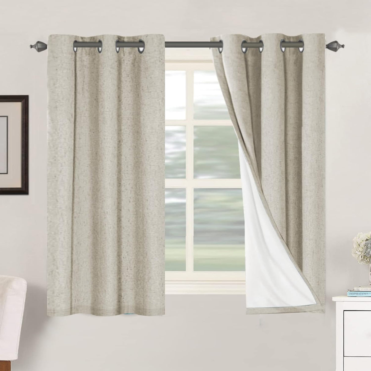 Linen Blackout Thermal Insulated  White Liner Grommet Top Curtains