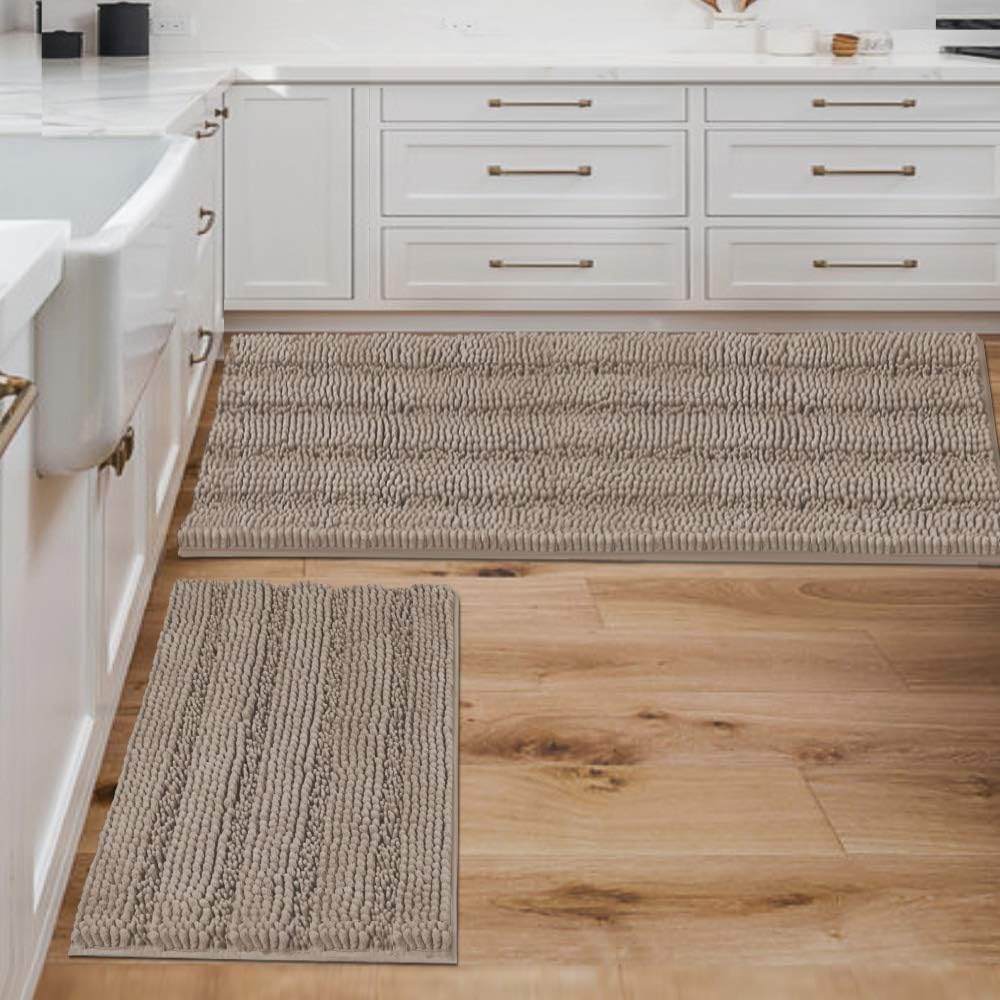 2pcs Sage Bathroom Rugs, Bath Mat Set of 2 Extra Thick Chenille Striped Pattern Shaggy Bath Rugs for Bathroom