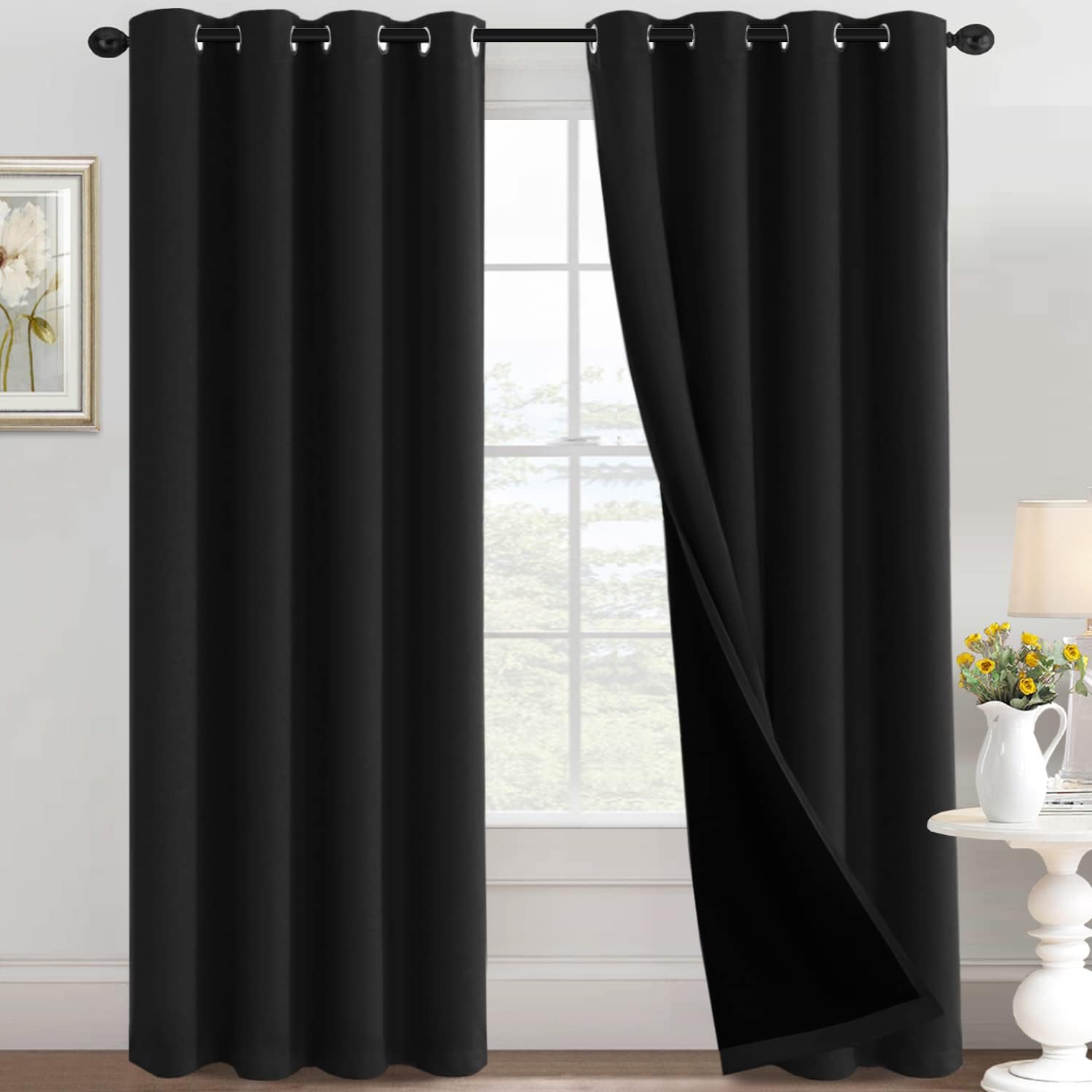 100% Blackout Black Liners Grommet Solid Color Curtains