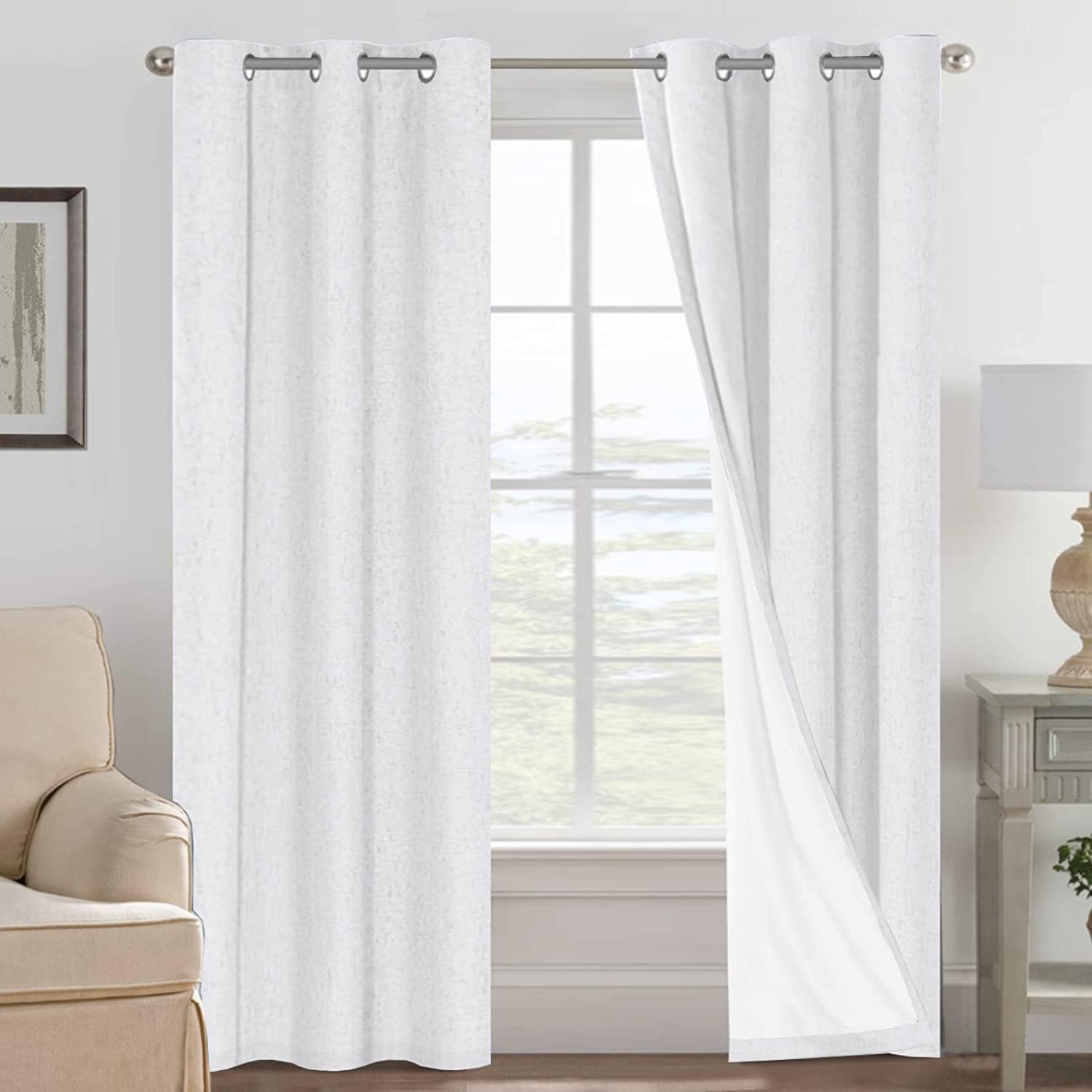 Linen Blackout Thermal Insulated  White Liner Grommet Top Curtains