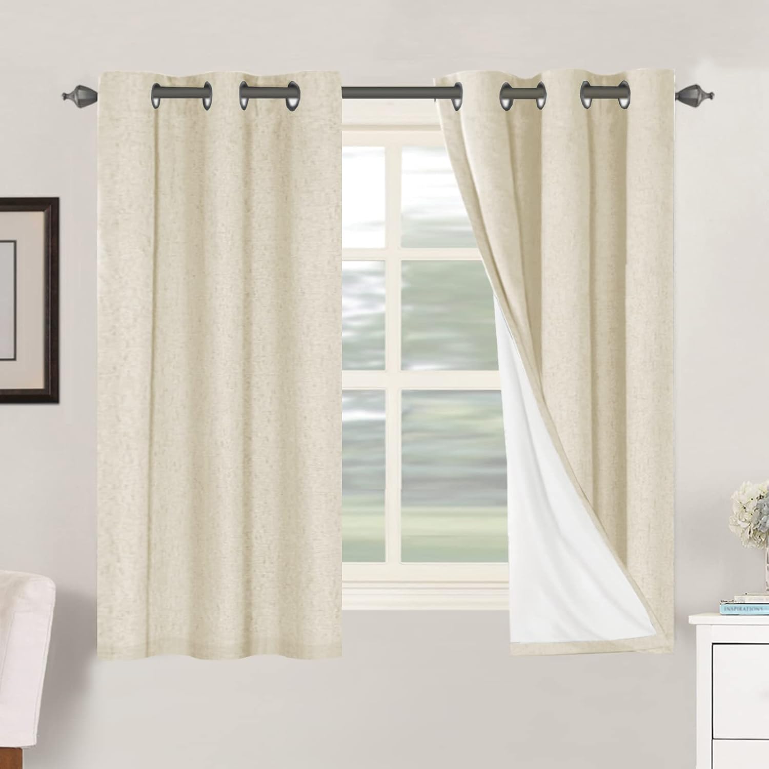 Linen Blackout Thermal Insulated  White Liner Grommet Top Curtains