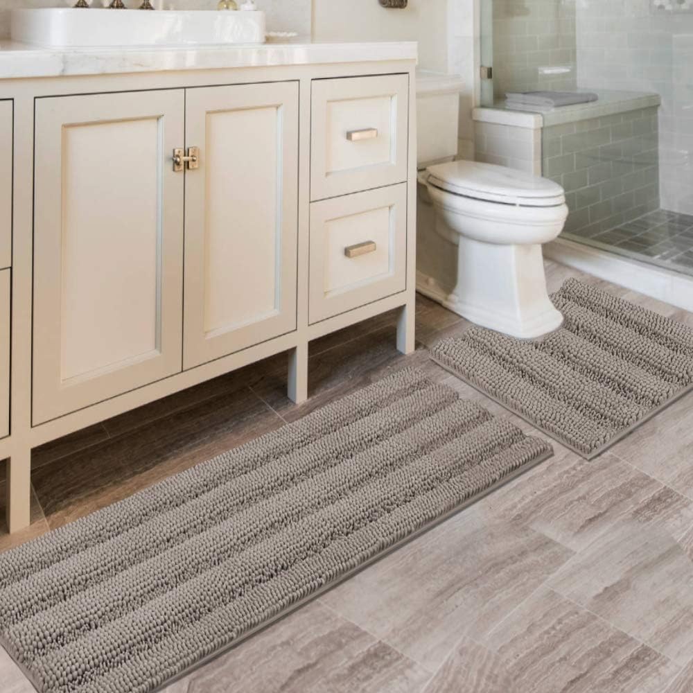 2pcs Sage Bathroom Rugs, Bath Mat Set of 2 Extra Thick Chenille Striped Pattern Shaggy Bath Rugs for Bathroom