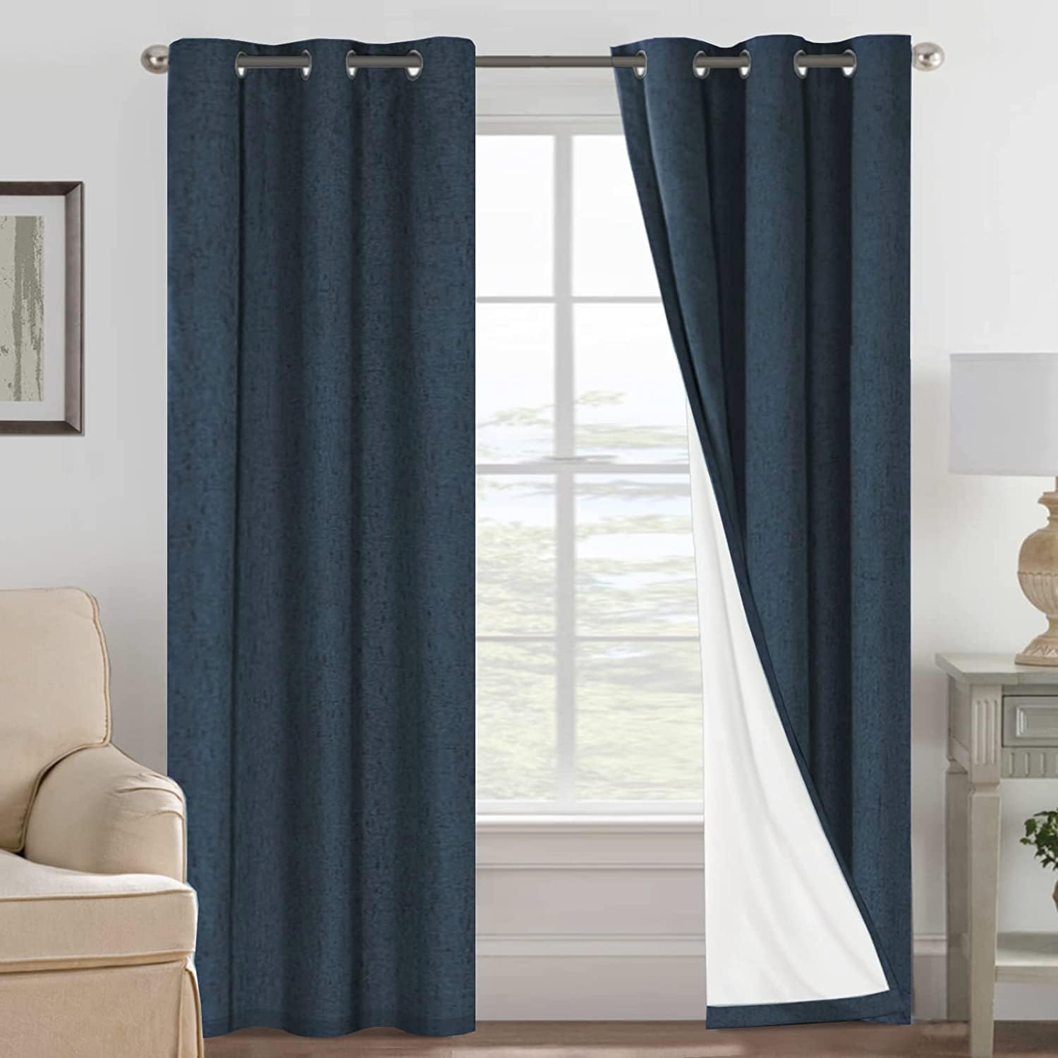 Linen Blackout Thermal Insulated  White Liner Grommet Top Curtains