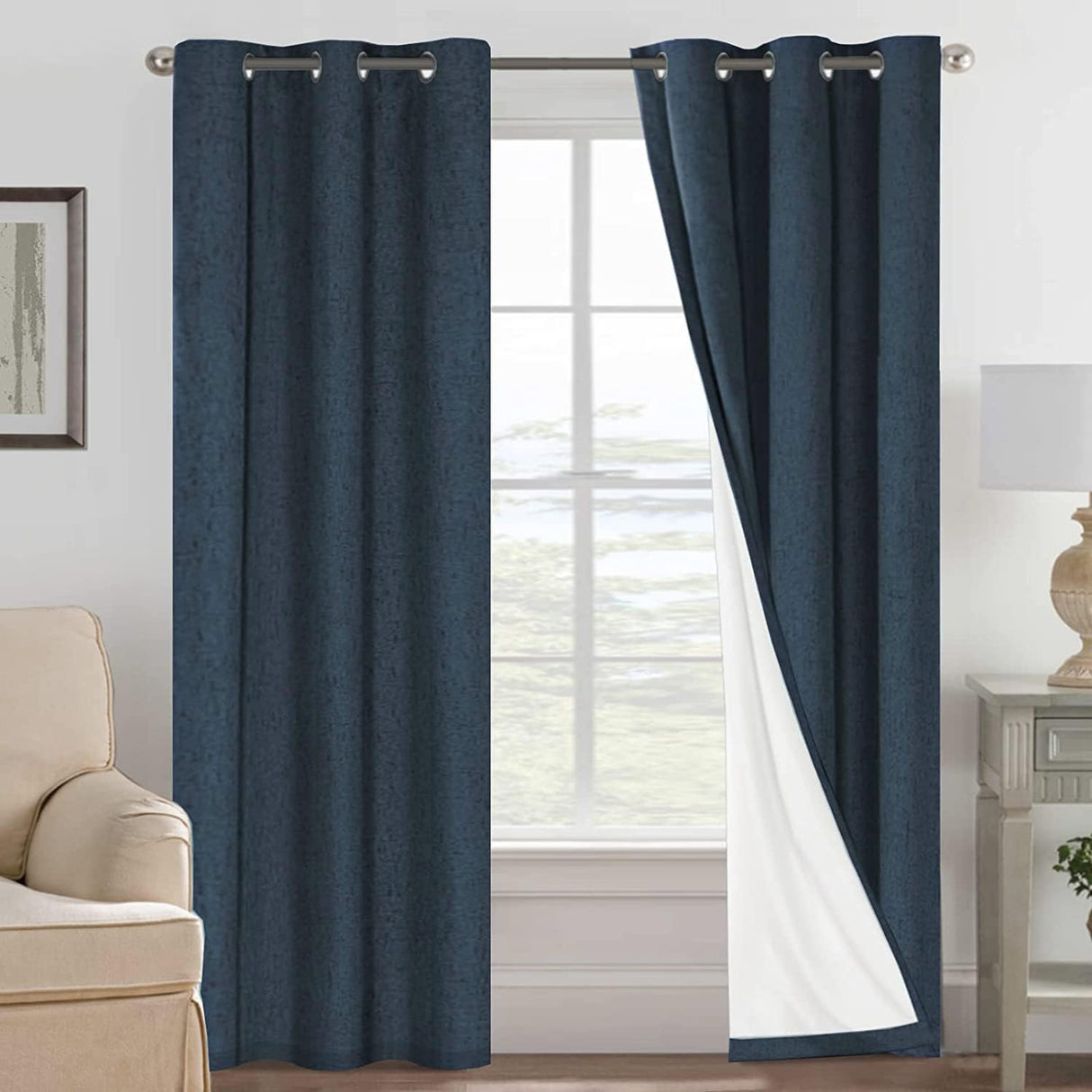 Linen Blackout Thermal Insulated  White Liner Grommet Top Curtains