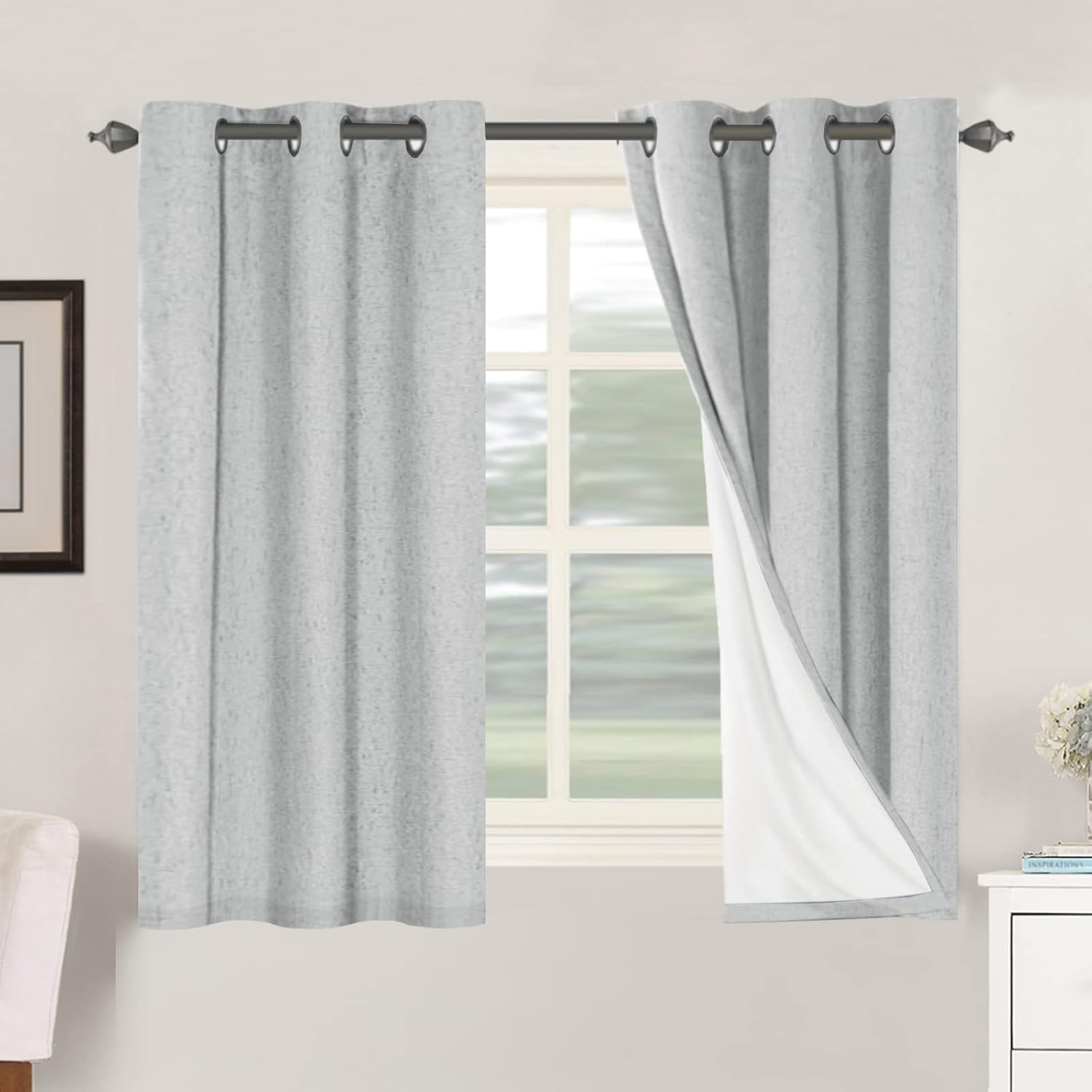 Linen Blackout Thermal Insulated  White Liner Grommet Top Curtains