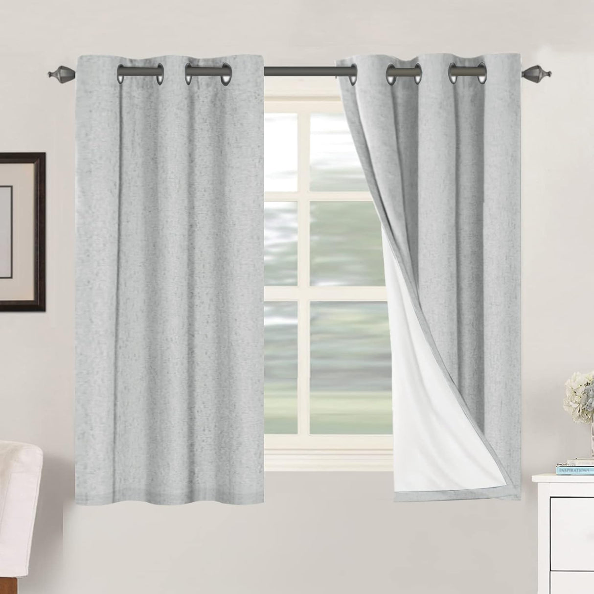 Linen Blackout Thermal Insulated  White Liner Grommet Top Curtains