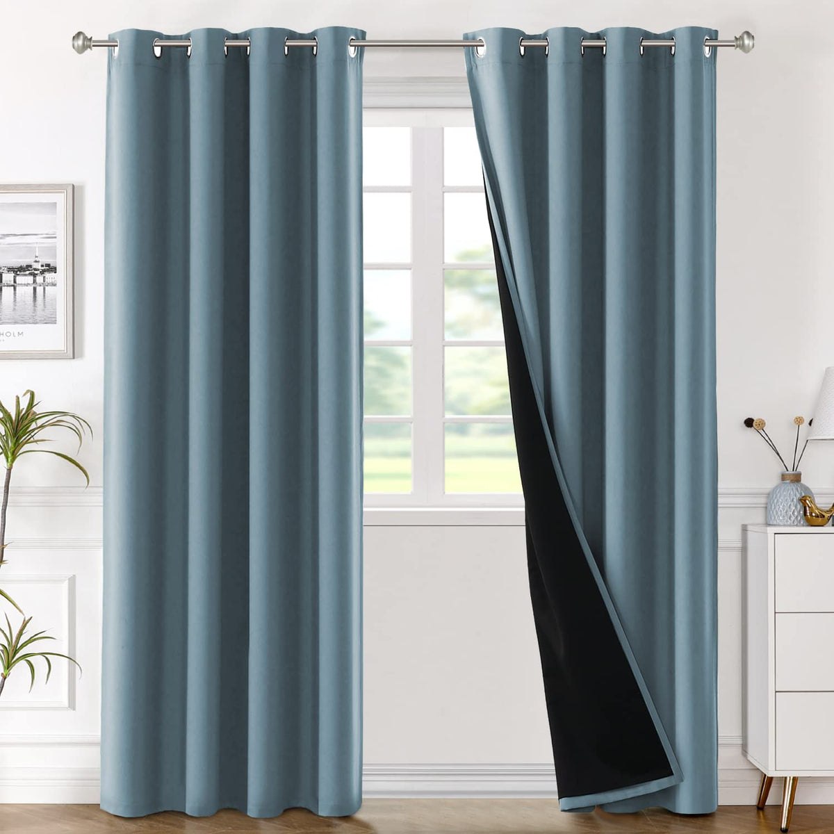H.VERSAILTEX 100% Blackout Lined Curtains, 2 Thick Layers Completely Blackout Window Treatment Thermal Insulated Drapes for Kitchen/Bedroom (1 Pair, 52" Width x 63" Length Each Panel, Navy)