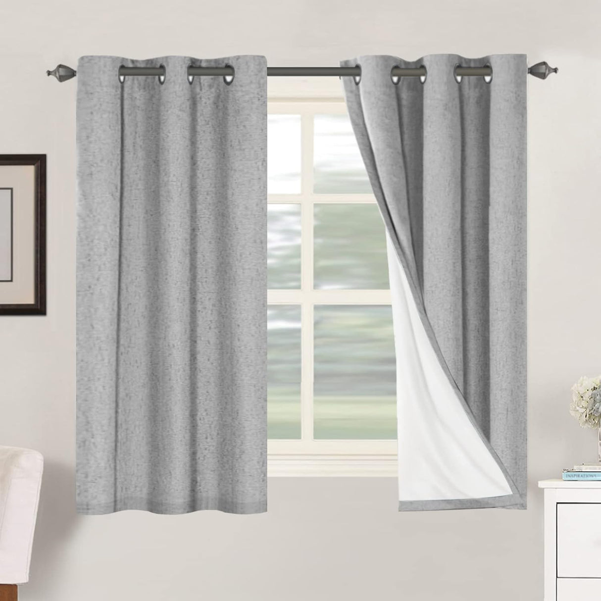 Linen Blackout Thermal Insulated  White Liner Grommet Top Curtains