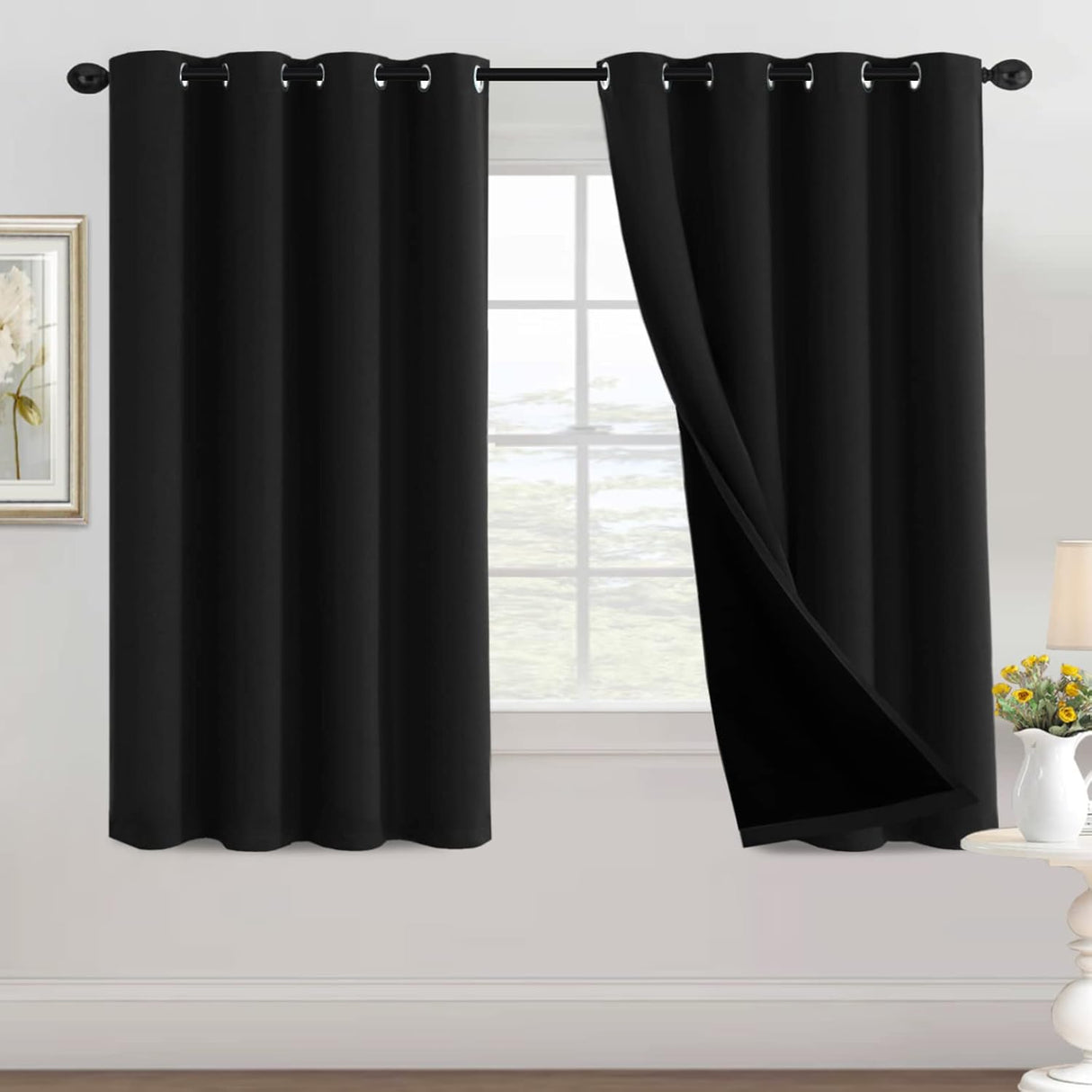100% Blackout Black Liners Grommet Solid Color Curtains