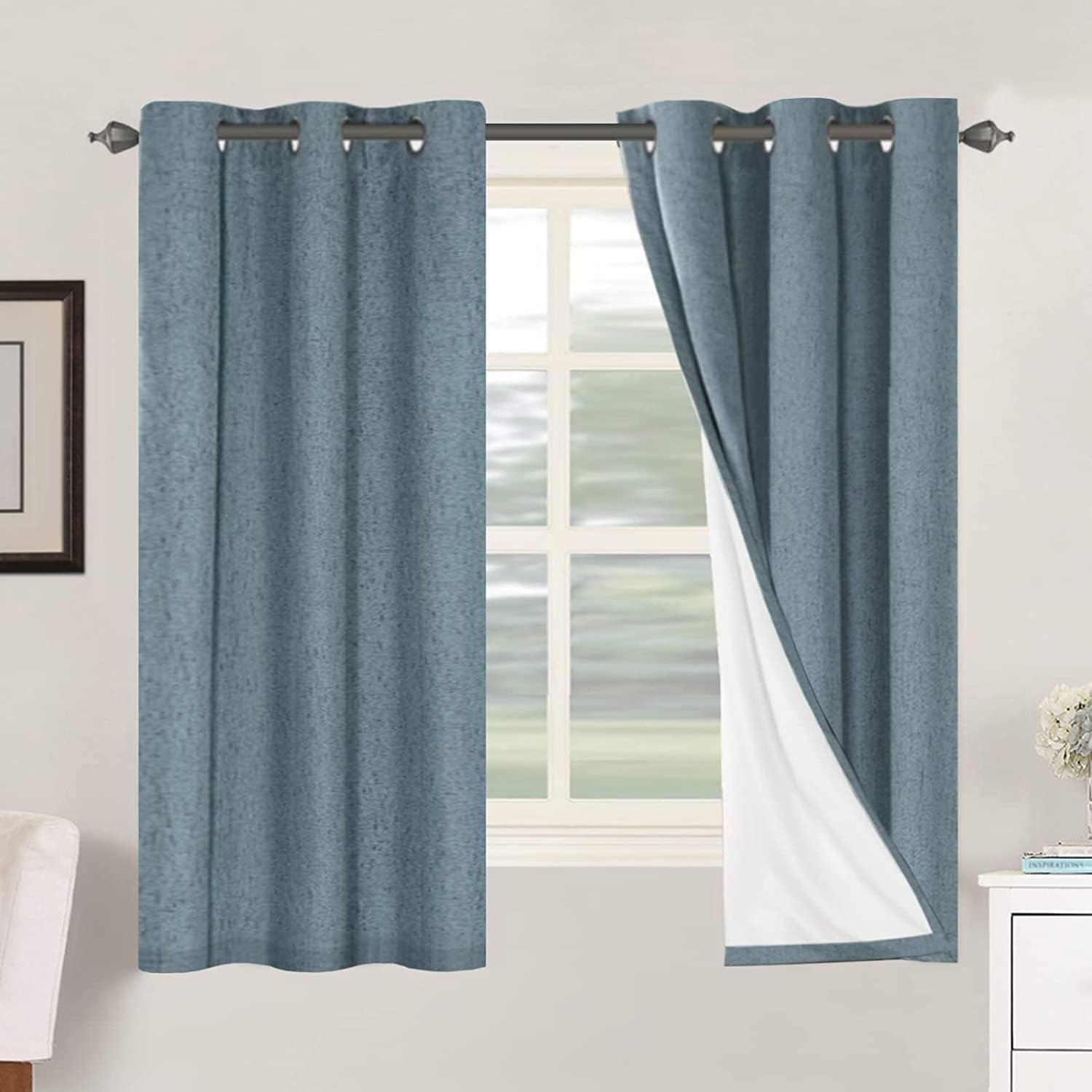 Linen Blackout Thermal Insulated  White Liner Grommet Top Curtains
