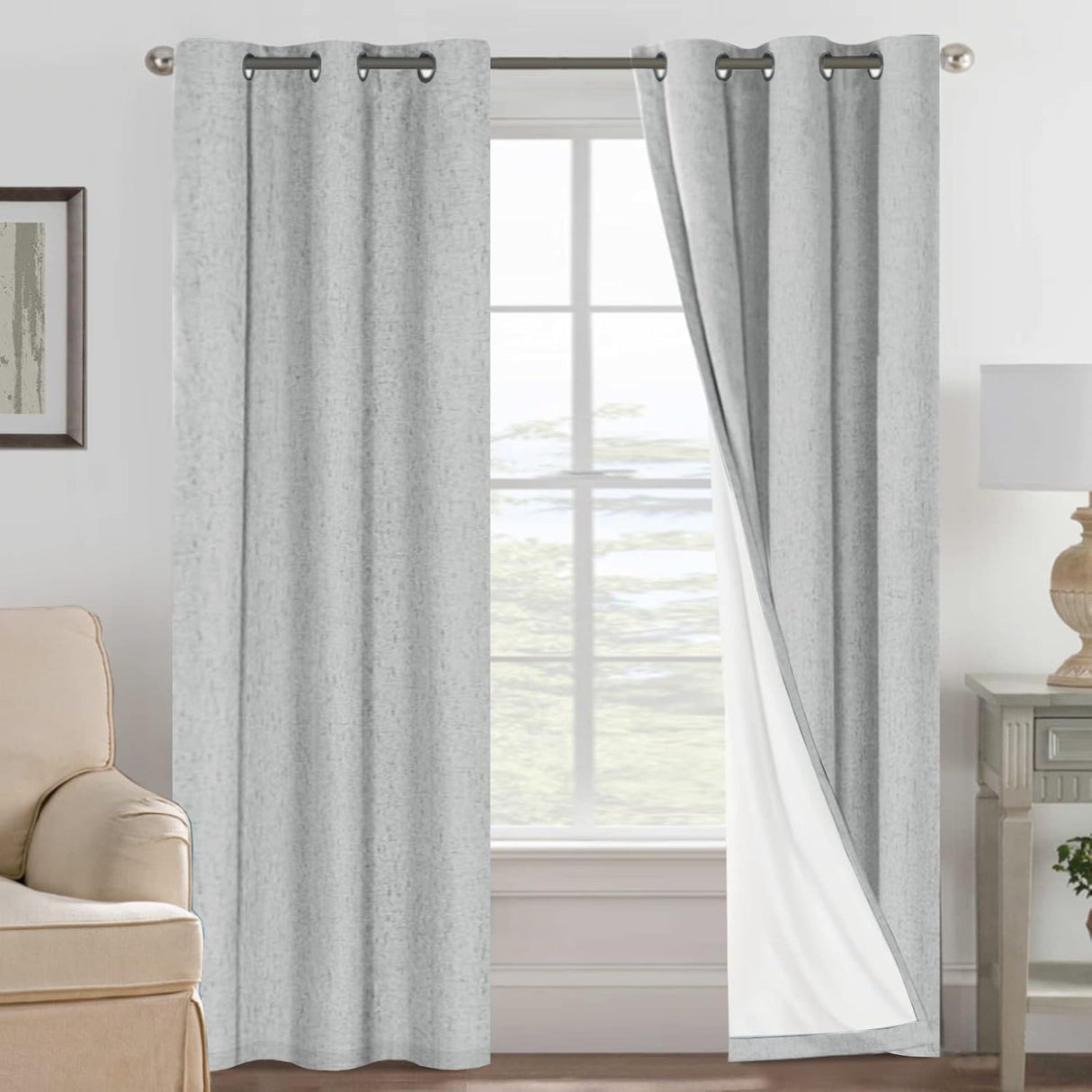 Linen Blackout Thermal Insulated  White Liner Grommet Top Curtains