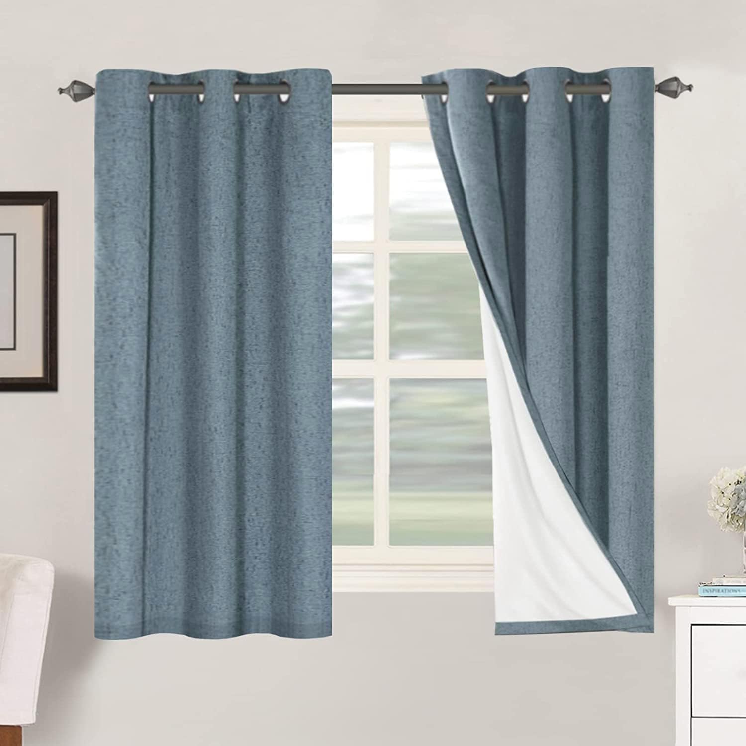 Linen Blackout Thermal Insulated  White Liner Grommet Top Curtains