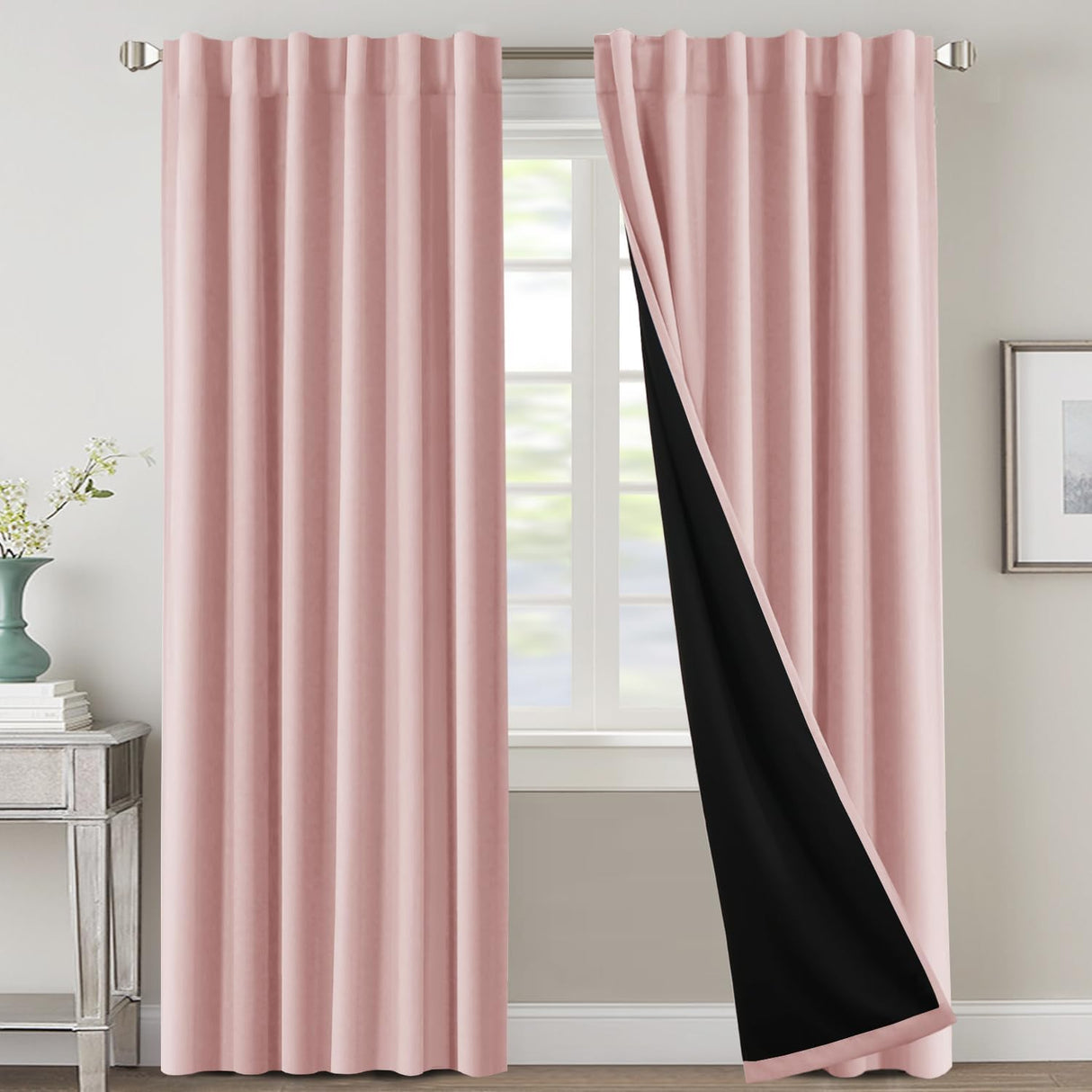 H.VERSAILTEX 100% Blackout Curtains for Bedroom with Black Liner Full Room Darkening Back Tab Rod Pocket 2 Panels