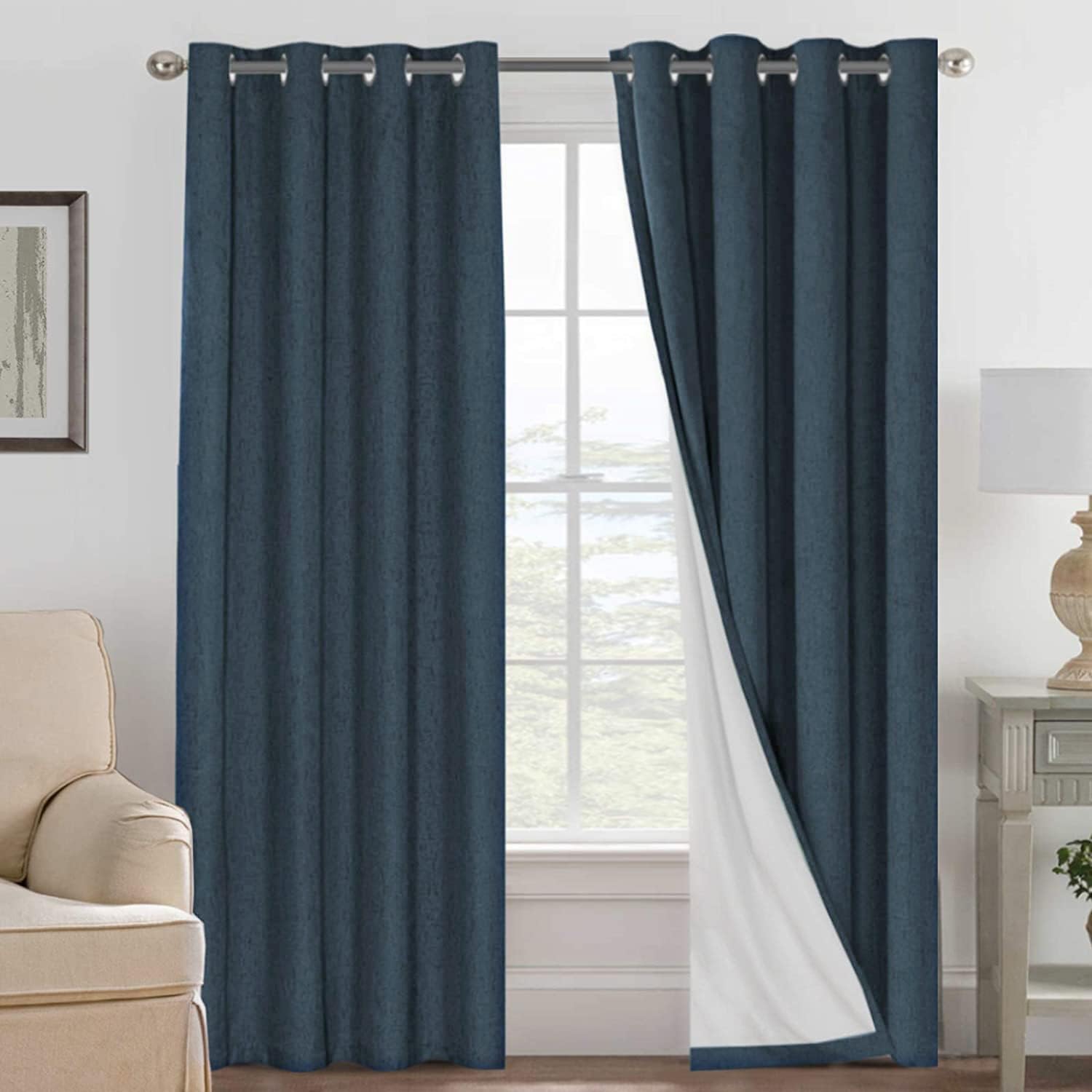 Linen Blackout Thermal Insulated  White Liner Grommet Top Curtains