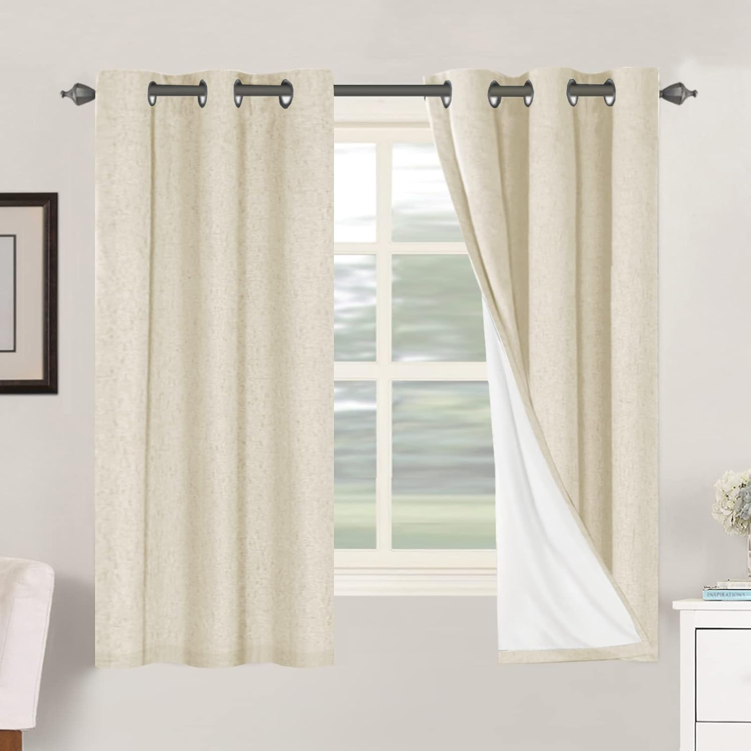 Linen Blackout Thermal Insulated  White Liner Grommet Top Curtains