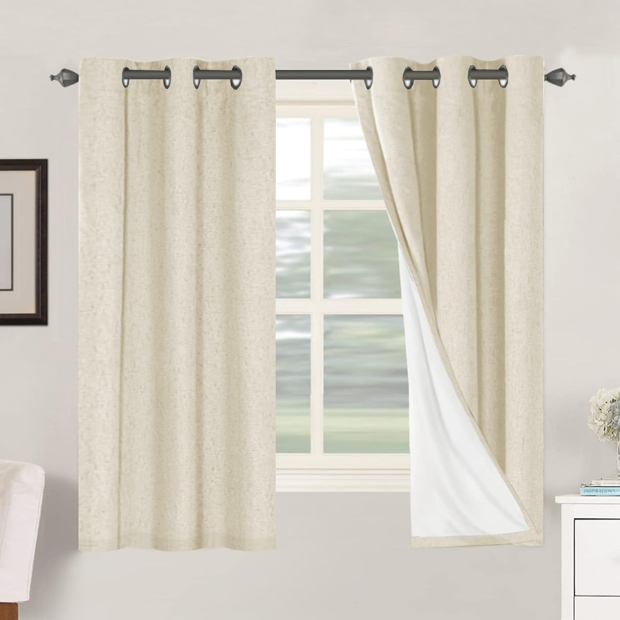 Linen Blackout Thermal Insulated  White Liner Grommet Top Curtains