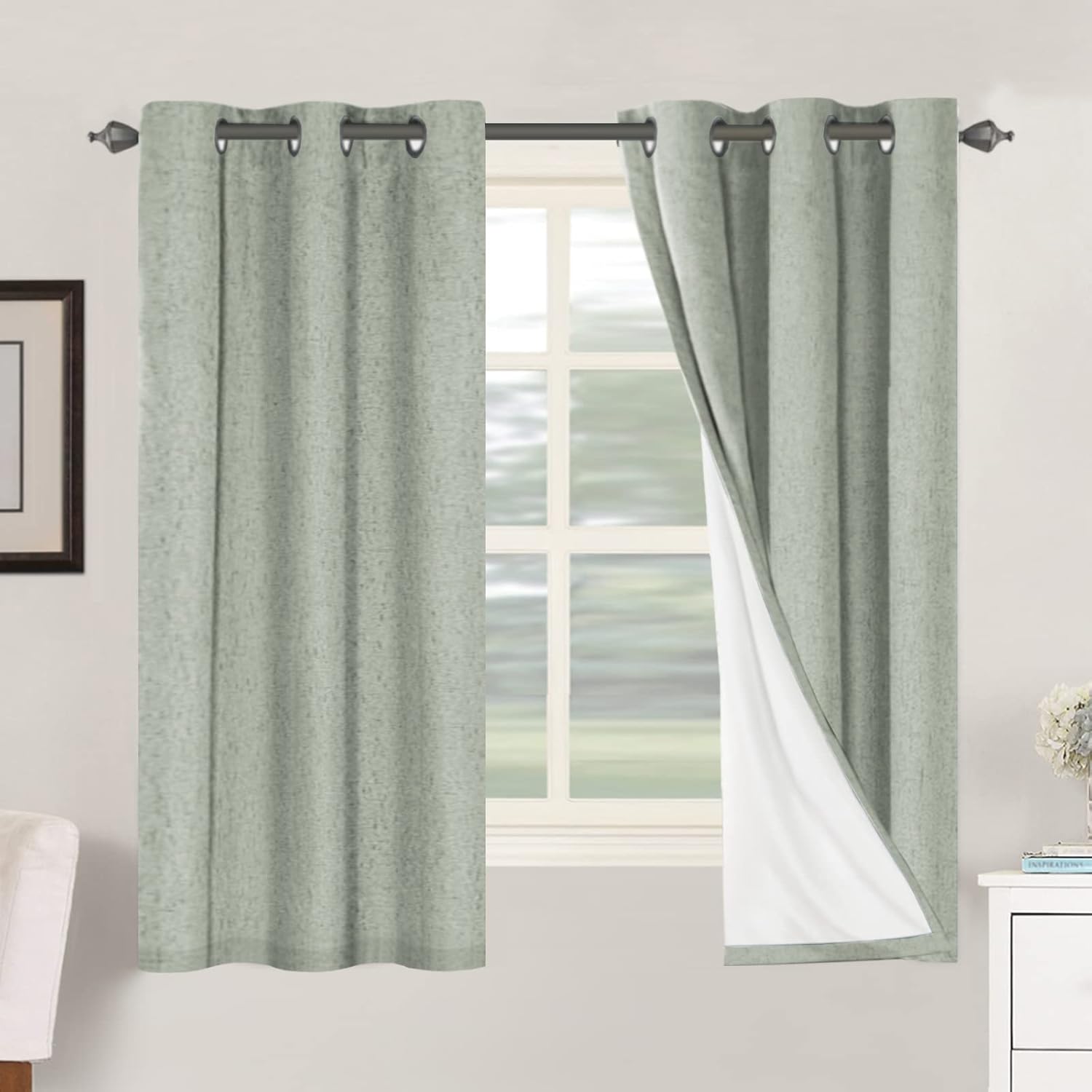 Linen Blackout Thermal Insulated  White Liner Grommet Top Curtains