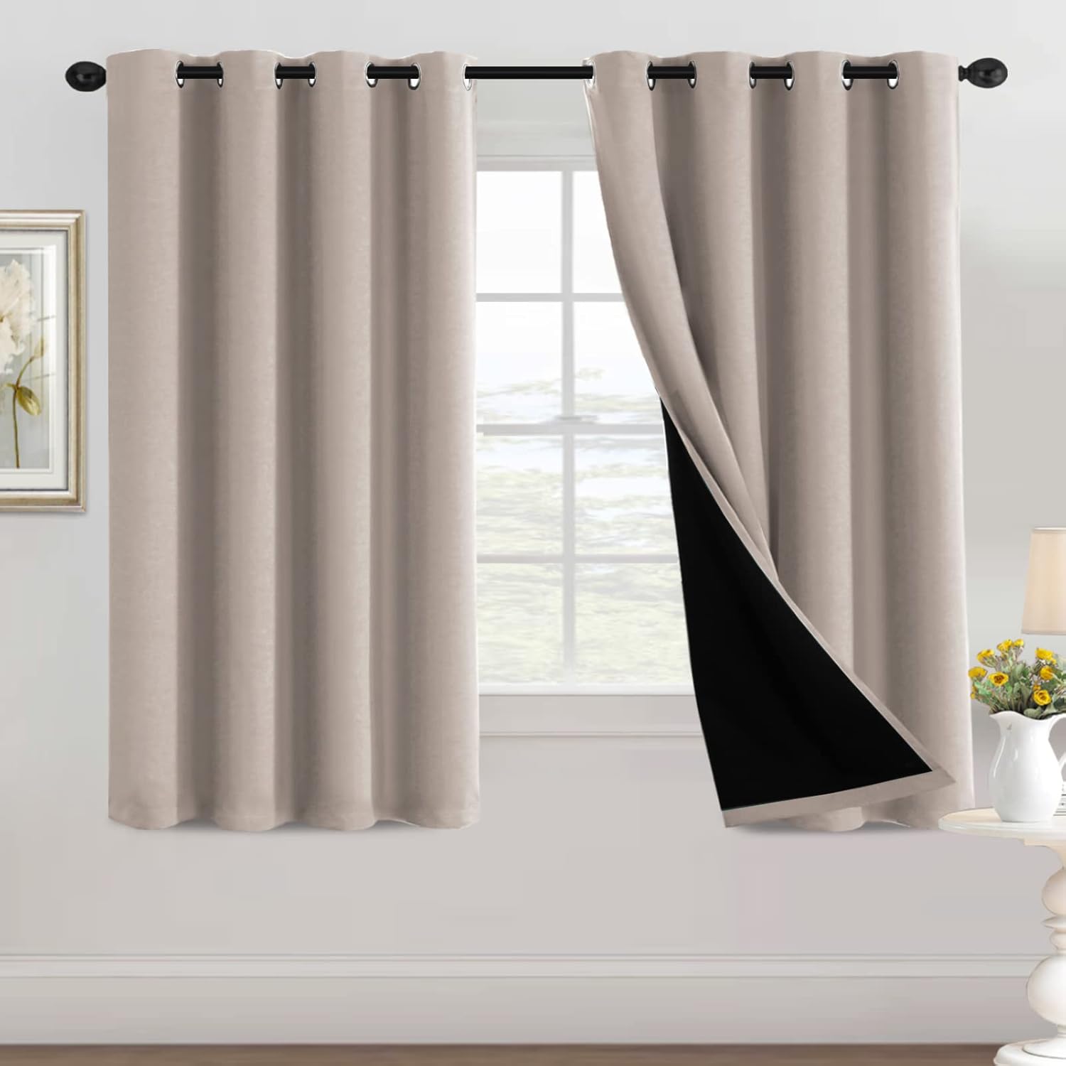 100% Blackout Black Liners Grommet Solid Color Curtains