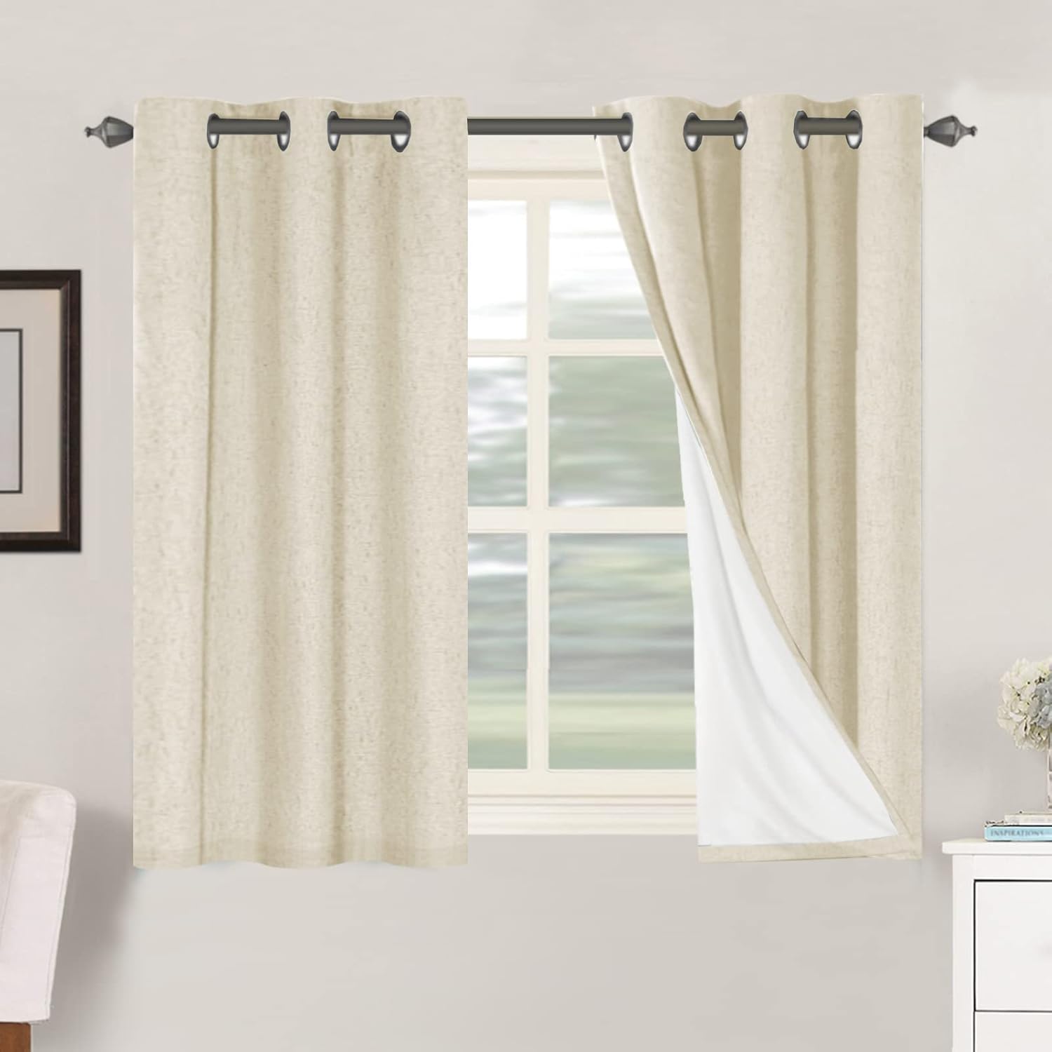 Linen Blackout Thermal Insulated  White Liner Grommet Top Curtains