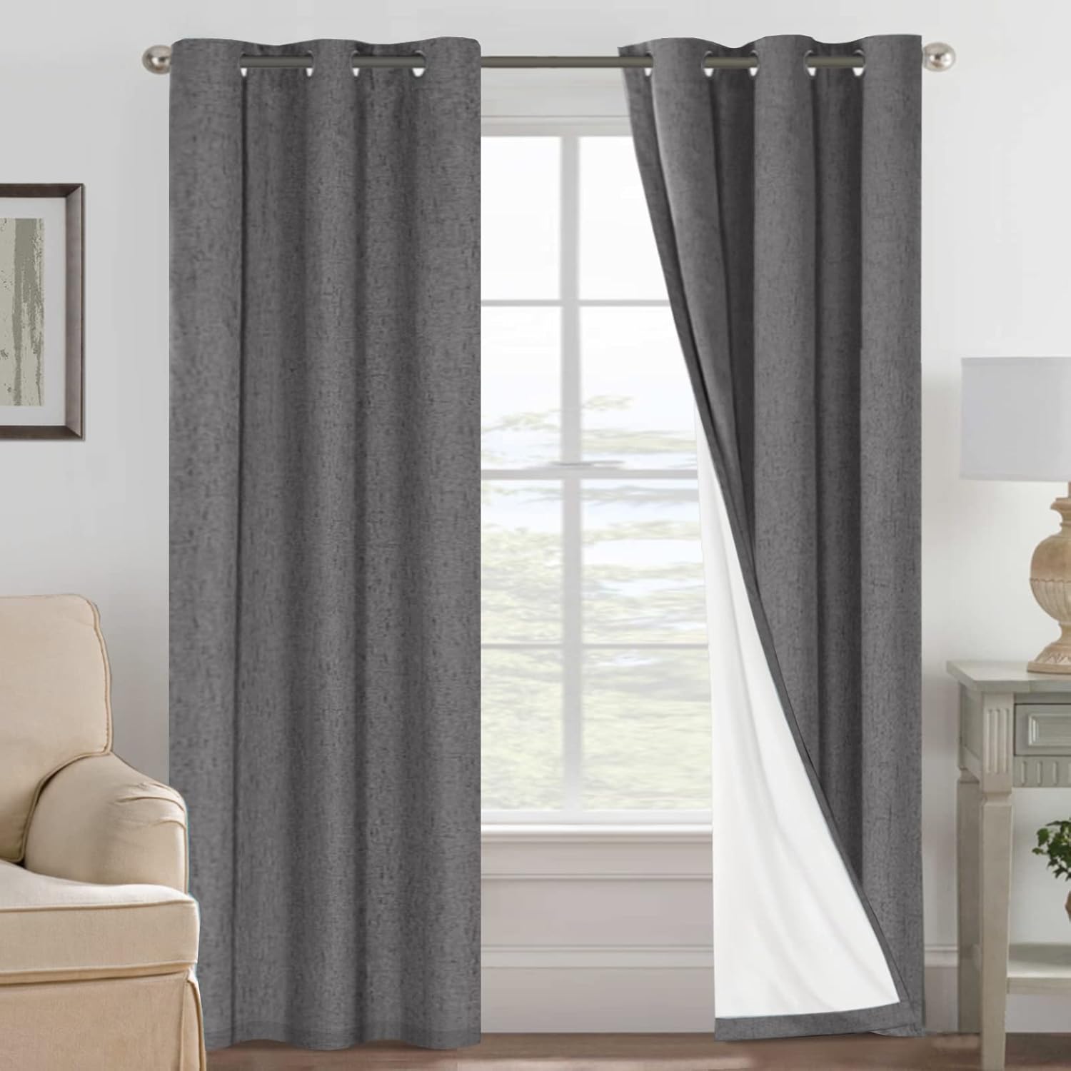 Linen Blackout Thermal Insulated  White Liner Grommet Top Curtains