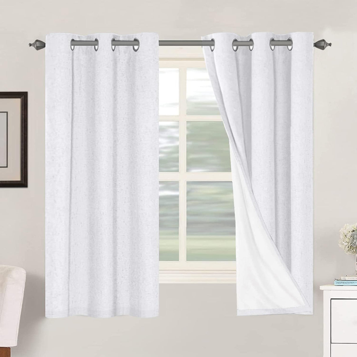 Linen Blackout Thermal Insulated  White Liner Grommet Top Curtains