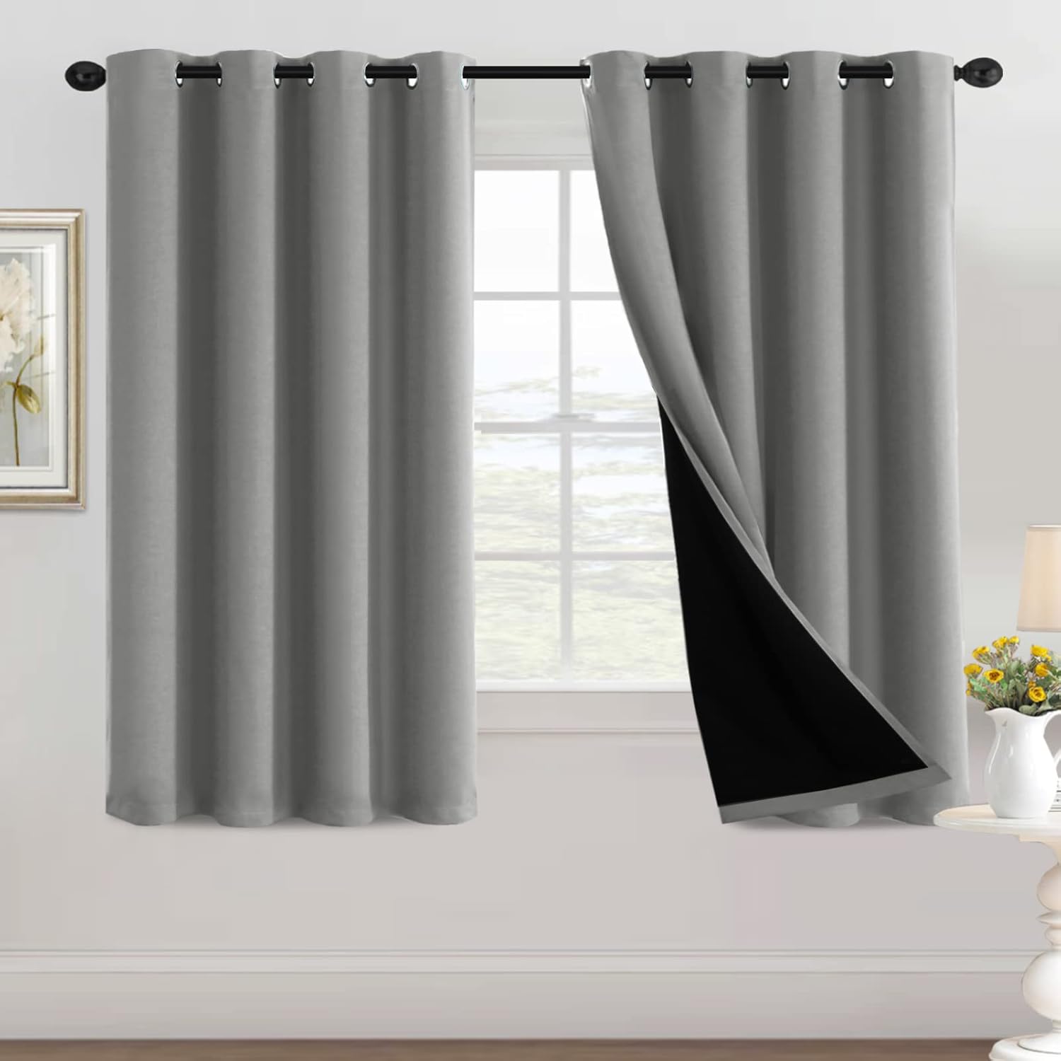100% Blackout Black Liners Grommet Solid Color Curtains