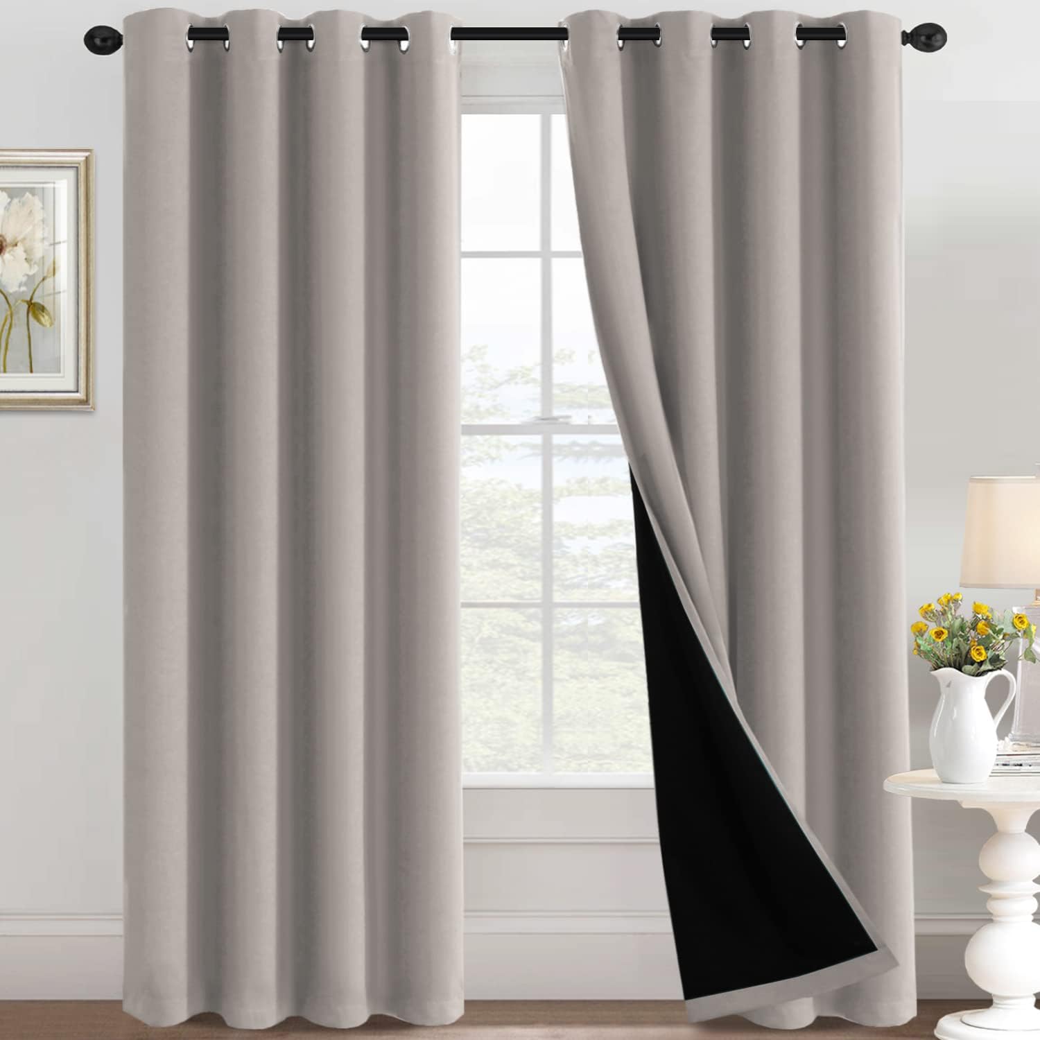 100% Blackout Black Liners Grommet Solid Color Curtains