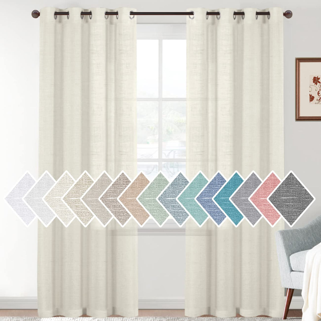 H.VERSAILTEX Linen Sheer Curtains 84 Inch Length Semi Sheer Curtains for Living Room Light Filtering Curtains, 2 Panels (52" W x 84" L, Sea Mist)