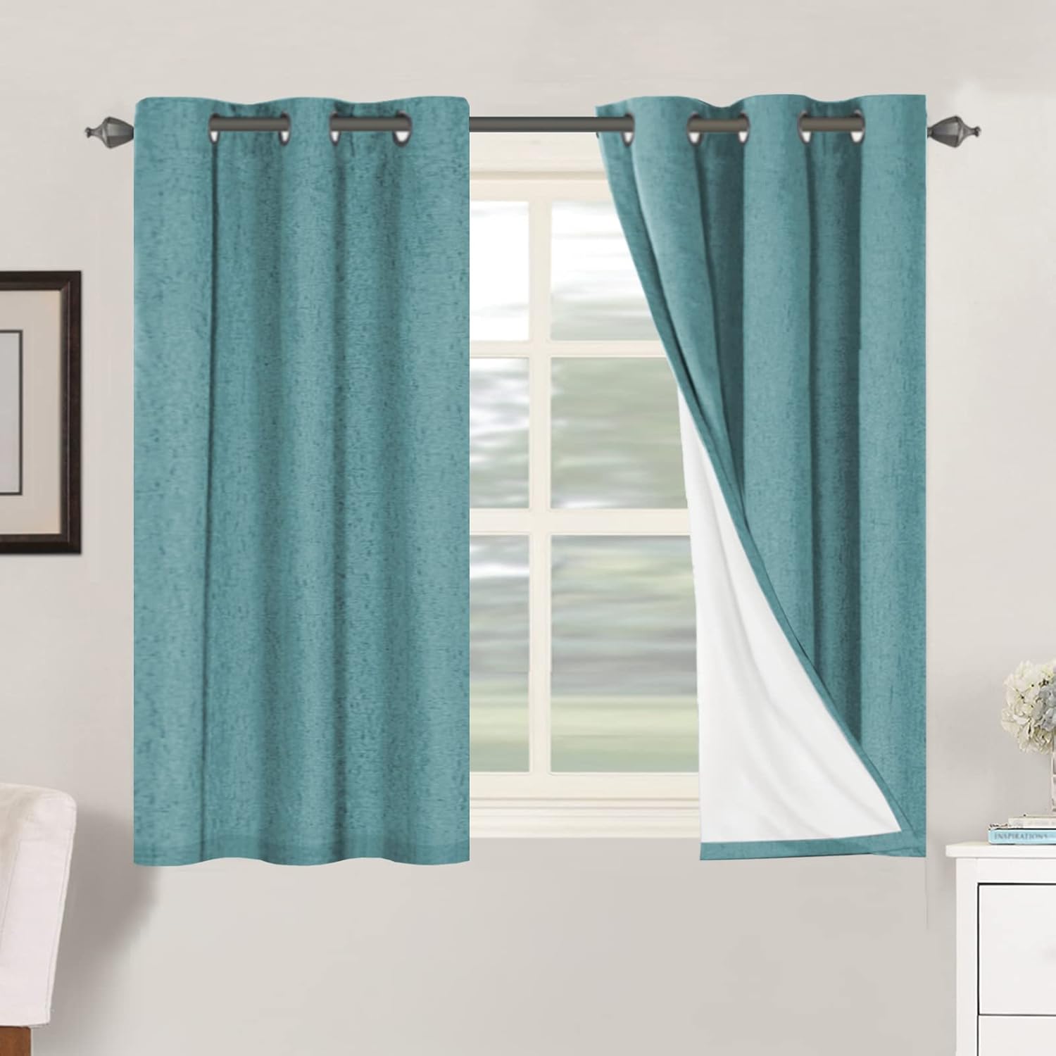 Linen Blackout Thermal Insulated  White Liner Grommet Top Curtains