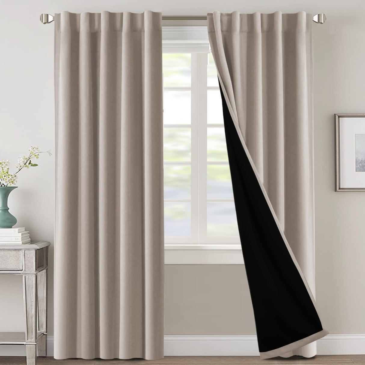 H.VERSAILTEX 100% Blackout Curtains for Bedroom with Black Liner Full Room Darkening Back Tab Rod Pocket 2 Panels