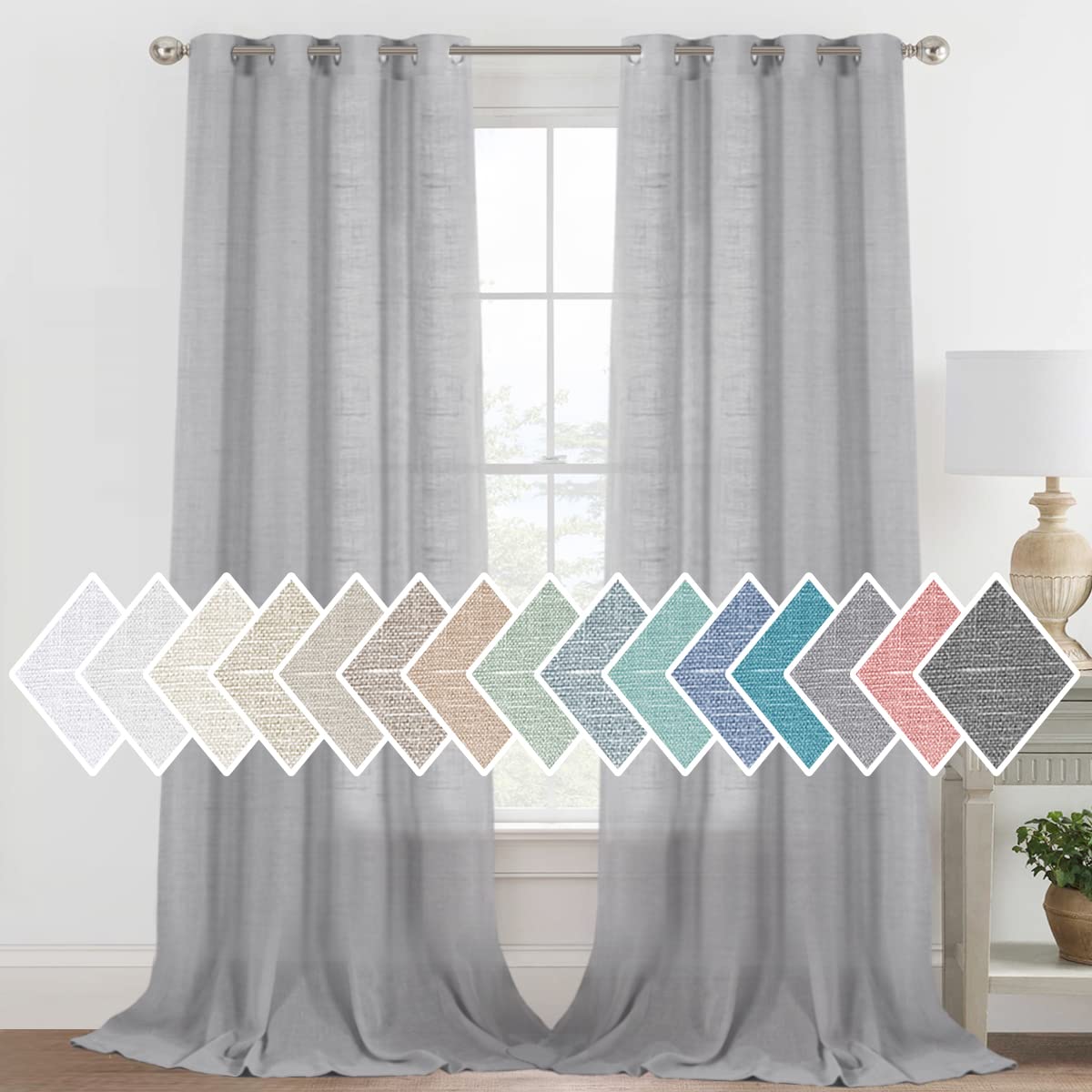 H.VERSAILTEX Linen Sheer Curtains 84 Inch Length Semi Sheer Curtains for Living Room Light Filtering Curtains, 2 Panels (52" W x 84" L, Sea Mist)