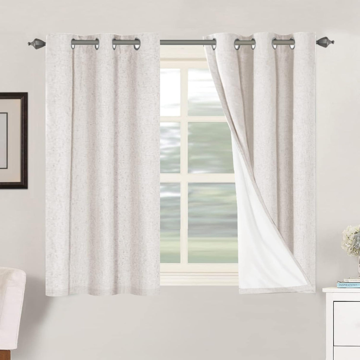 Linen Blackout Thermal Insulated  White Liner Grommet Top Curtains